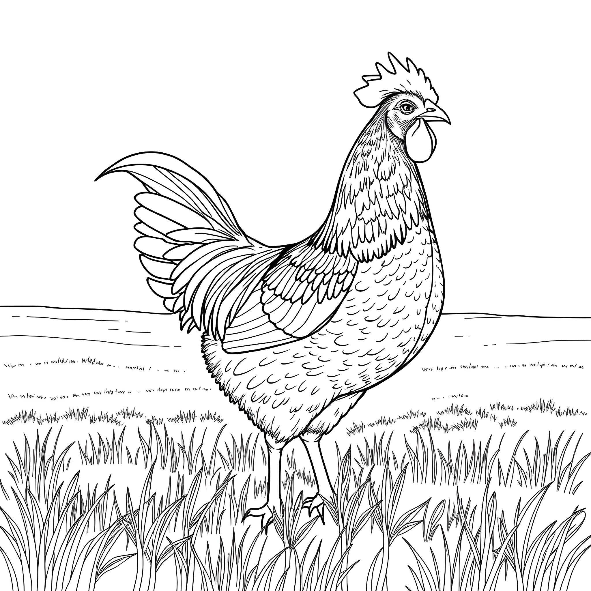 Hen perched in a grassy field Coloring Page (free black-and-white line drawing printable PDF for all, from beginners to advanced learners, including children, teens, adults, and seniors)