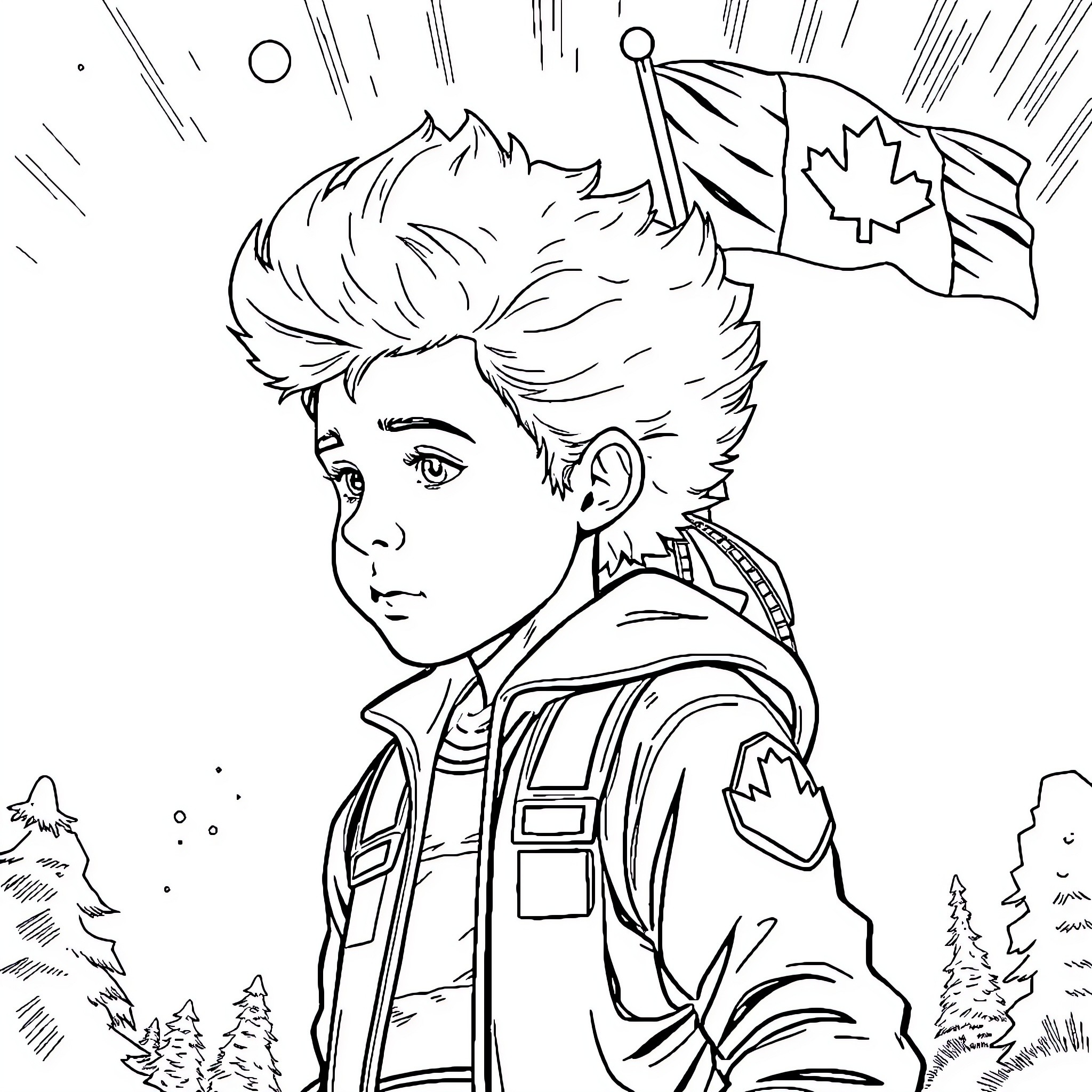 Eleven exploring the wilderness with Canadian flag Coloring Page (free black-and-white line drawing printable PDF for all, from beginners to advanced learners, including children, teens, adults, and seniors)