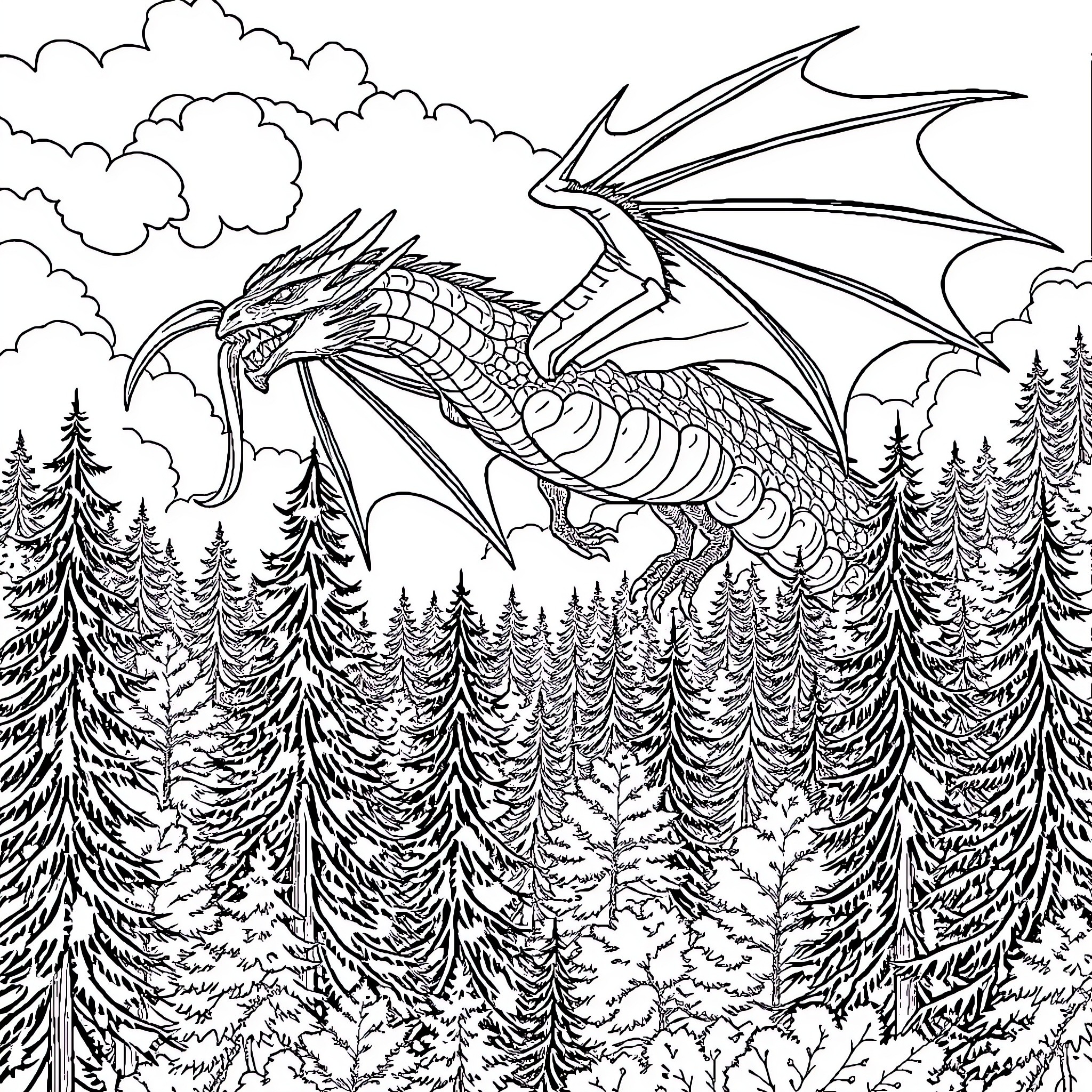 Dragon Soaring Over Wintery Forest Coloring Page (free black-and-white line drawing printable PDF for all, from beginners to advanced learners, including children, teens, adults, and seniors)