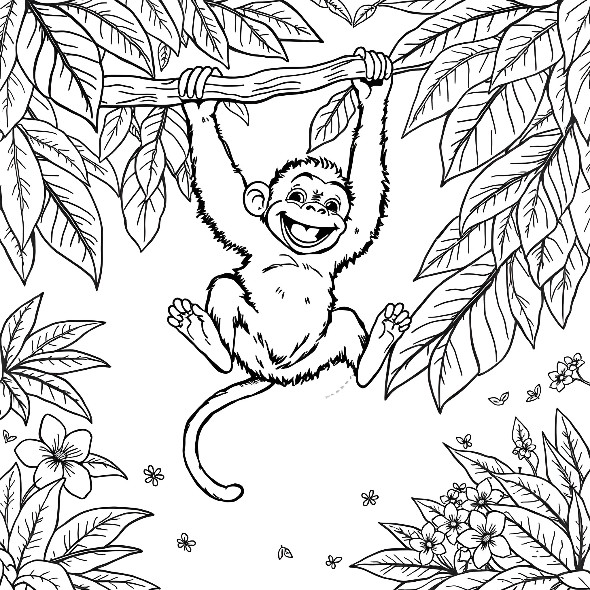 Monkey playing joyfully in the lush jungle foliage Coloring Page (free black-and-white line drawing printable PDF for all, from beginners to advanced learners, including children, teens, adults, and seniors)