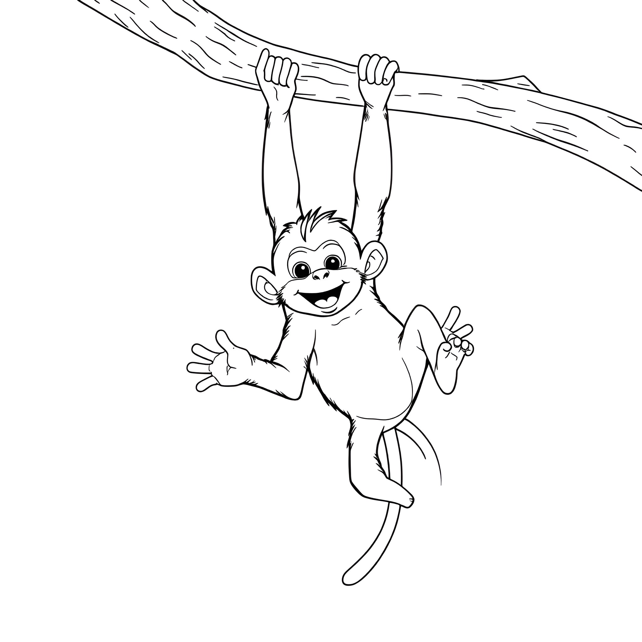 Baby Monkey Swinging Happily from a Branch Coloring Page (free black-and-white line drawing printable PDF for all, from beginners to advanced learners, including children, teens, adults, and seniors)