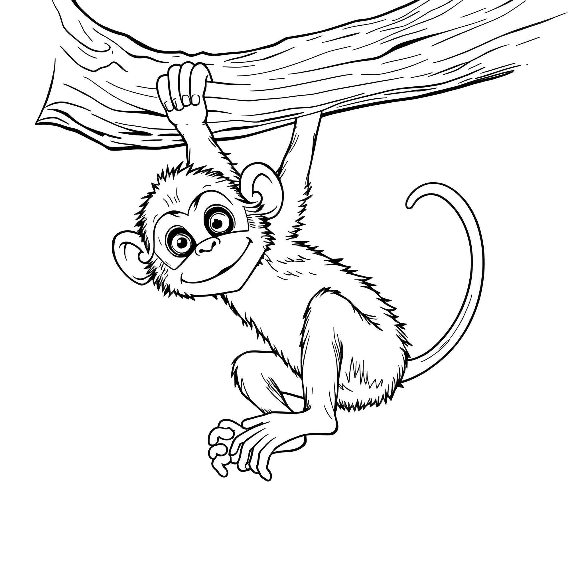 Monkey hanging on tree branch Coloring Page (free black-and-white line drawing printable PDF for all, from beginners to advanced learners, including children, teens, adults, and seniors)