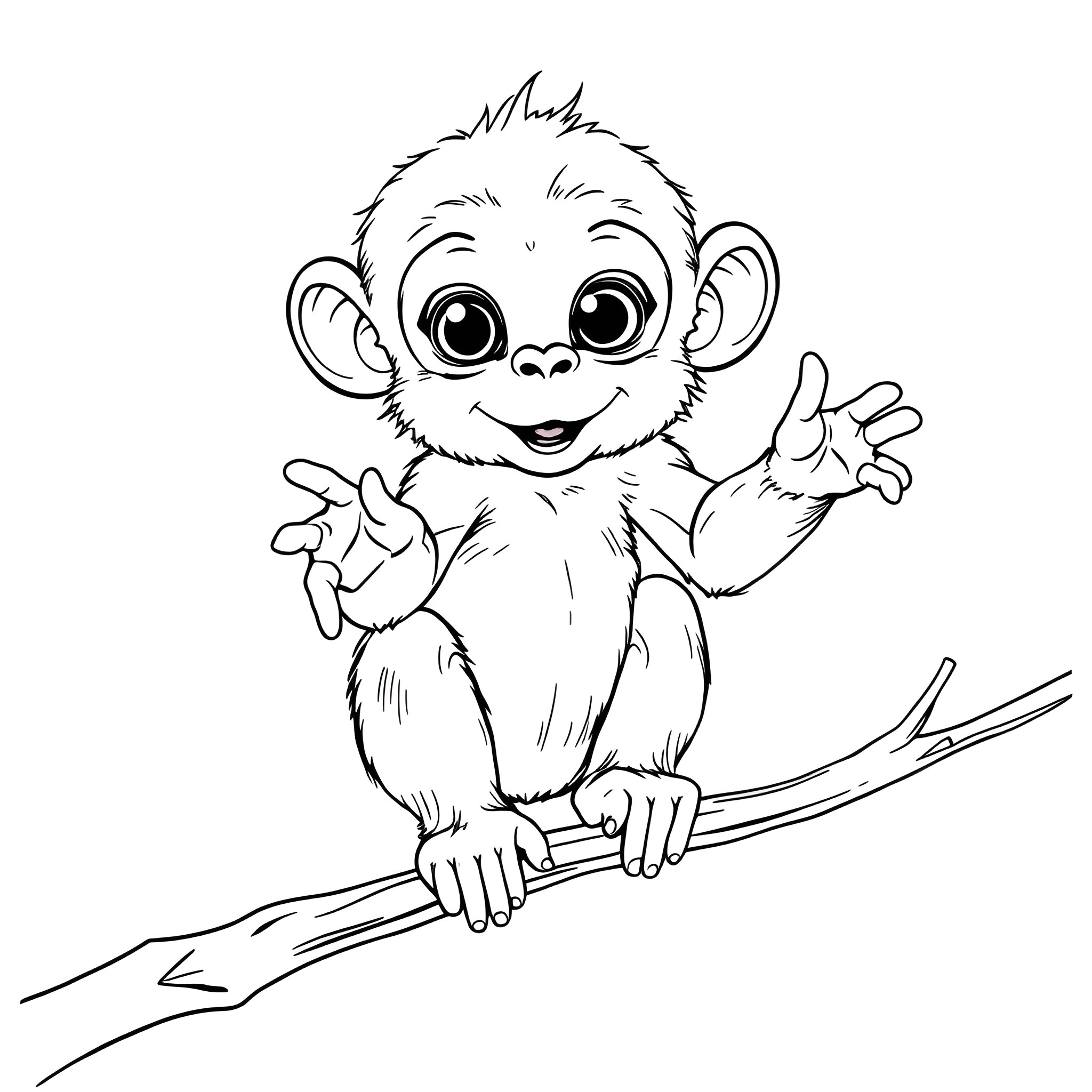 Baby Monkey Sitting on a Branch Coloring Page (free black-and-white line drawing printable PDF for all, from beginners to advanced learners, including children, teens, adults, and seniors)