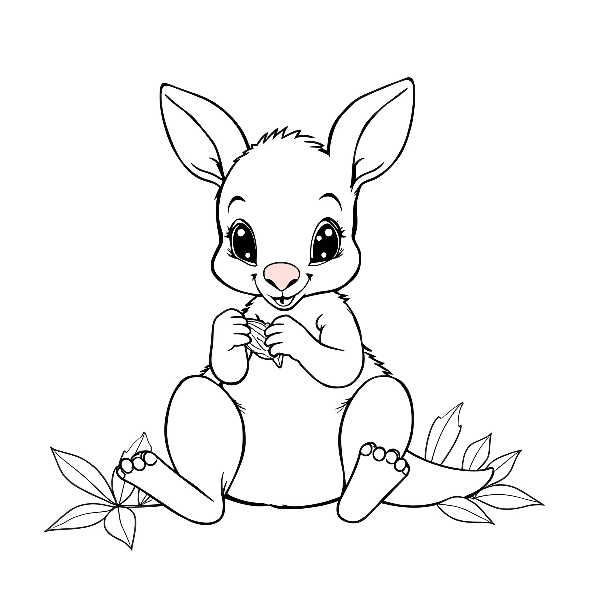 Kangaroo sitting on vegetation with flowers Coloring Page (free black-and-white line drawing printable PDF for all, from beginners to advanced learners, including children, teens, adults, and seniors)