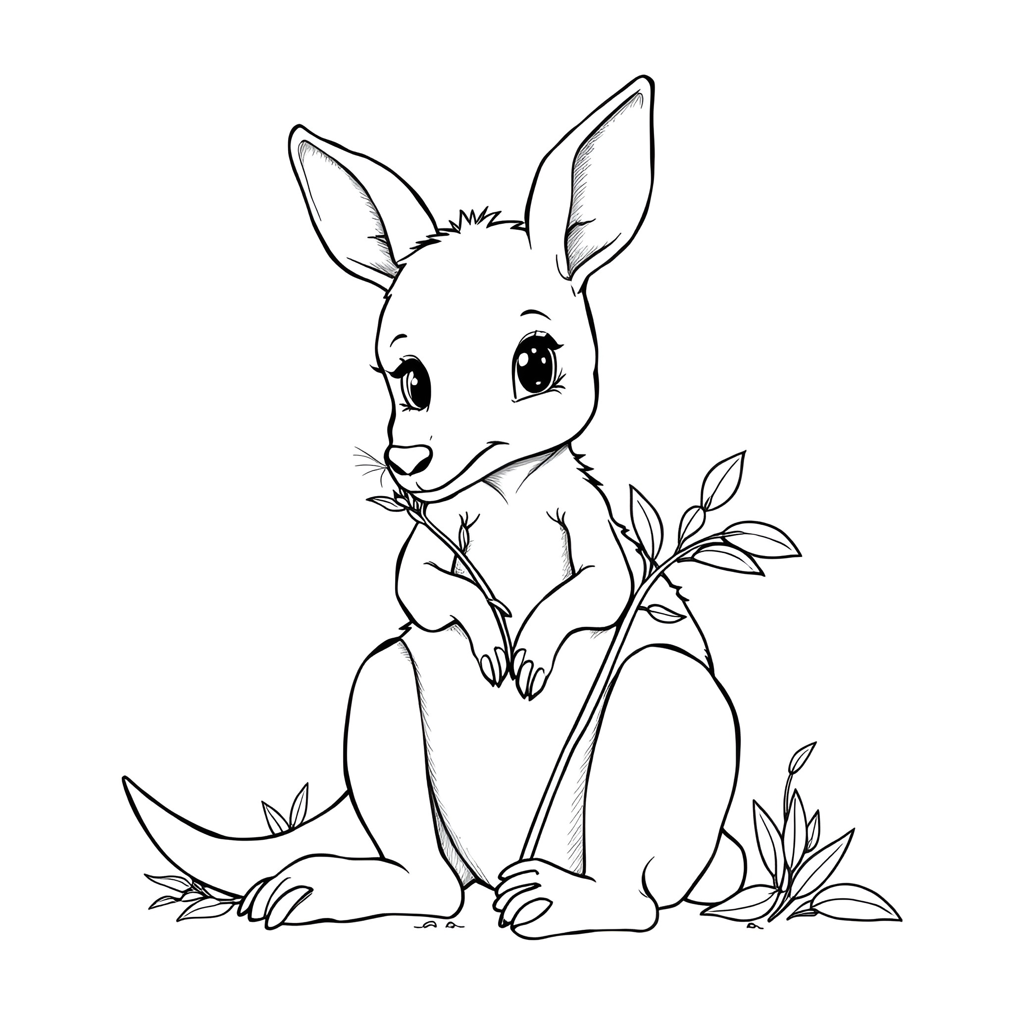 Kangaroo sitting with plants and leaves Coloring Page (free black-and-white line drawing printable PDF for all, from beginners to advanced learners, including children, teens, adults, and seniors)