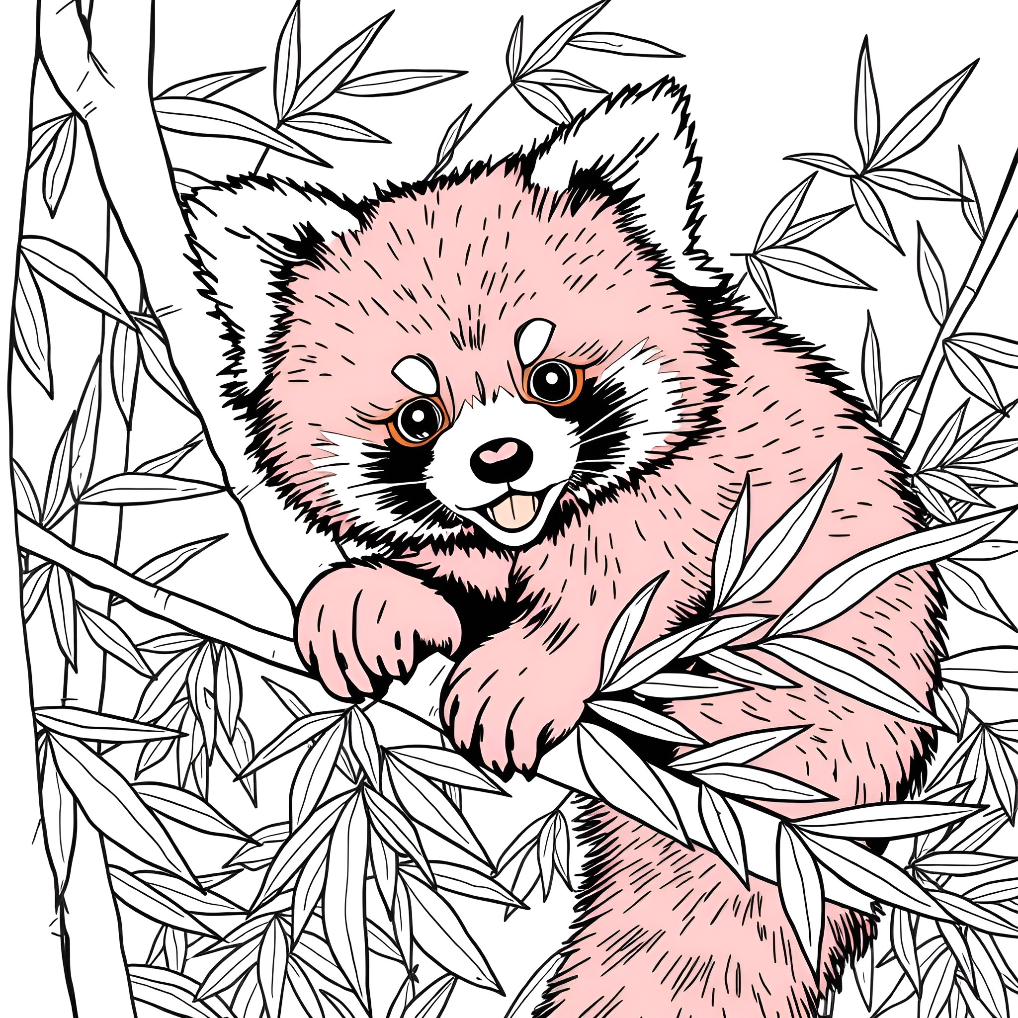 Panda playfully nestled in bamboo leaves Coloring Page (free black-and-white line drawing printable PDF for all, from beginners to advanced learners, including children, teens, adults, and seniors)