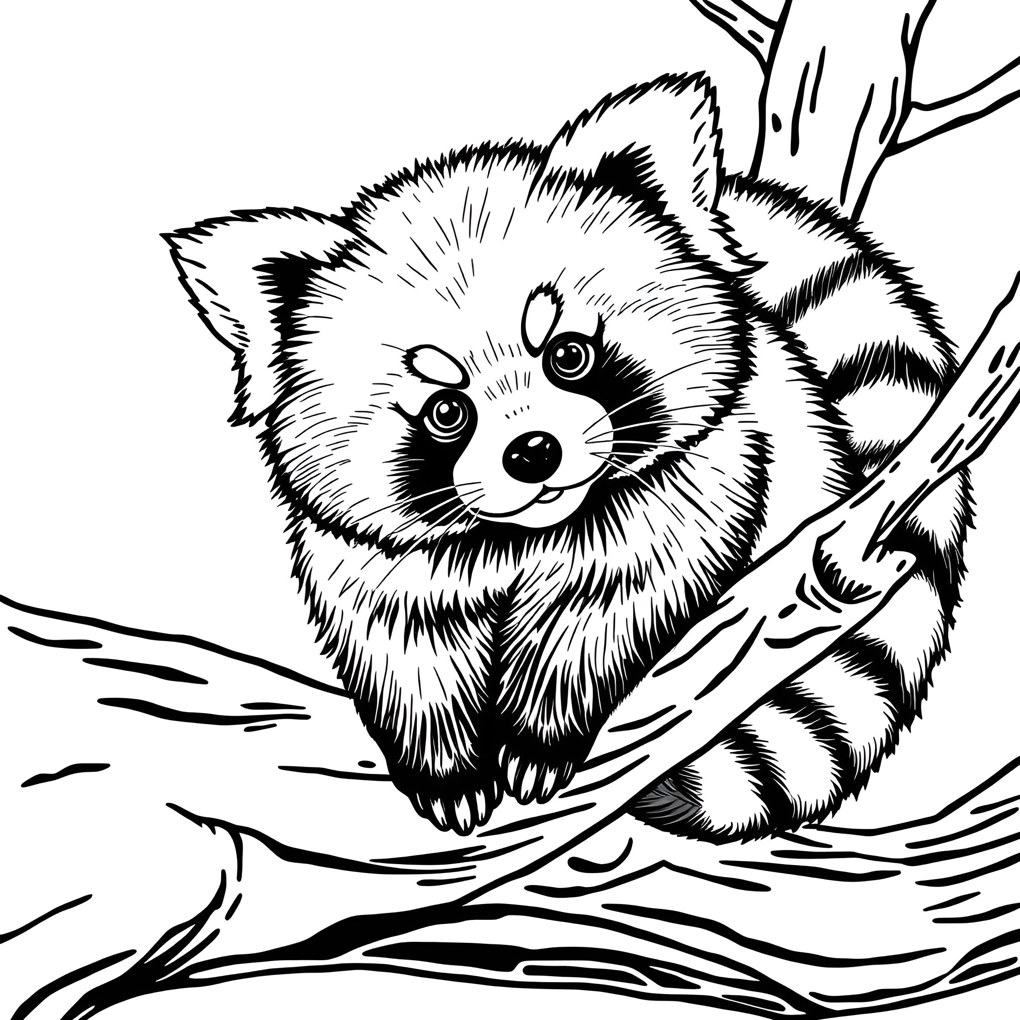 Red Panda peering curiously from a tree branch Coloring Page (free black-and-white line drawing printable PDF for all, from beginners to advanced learners, including children, teens, adults, and seniors)