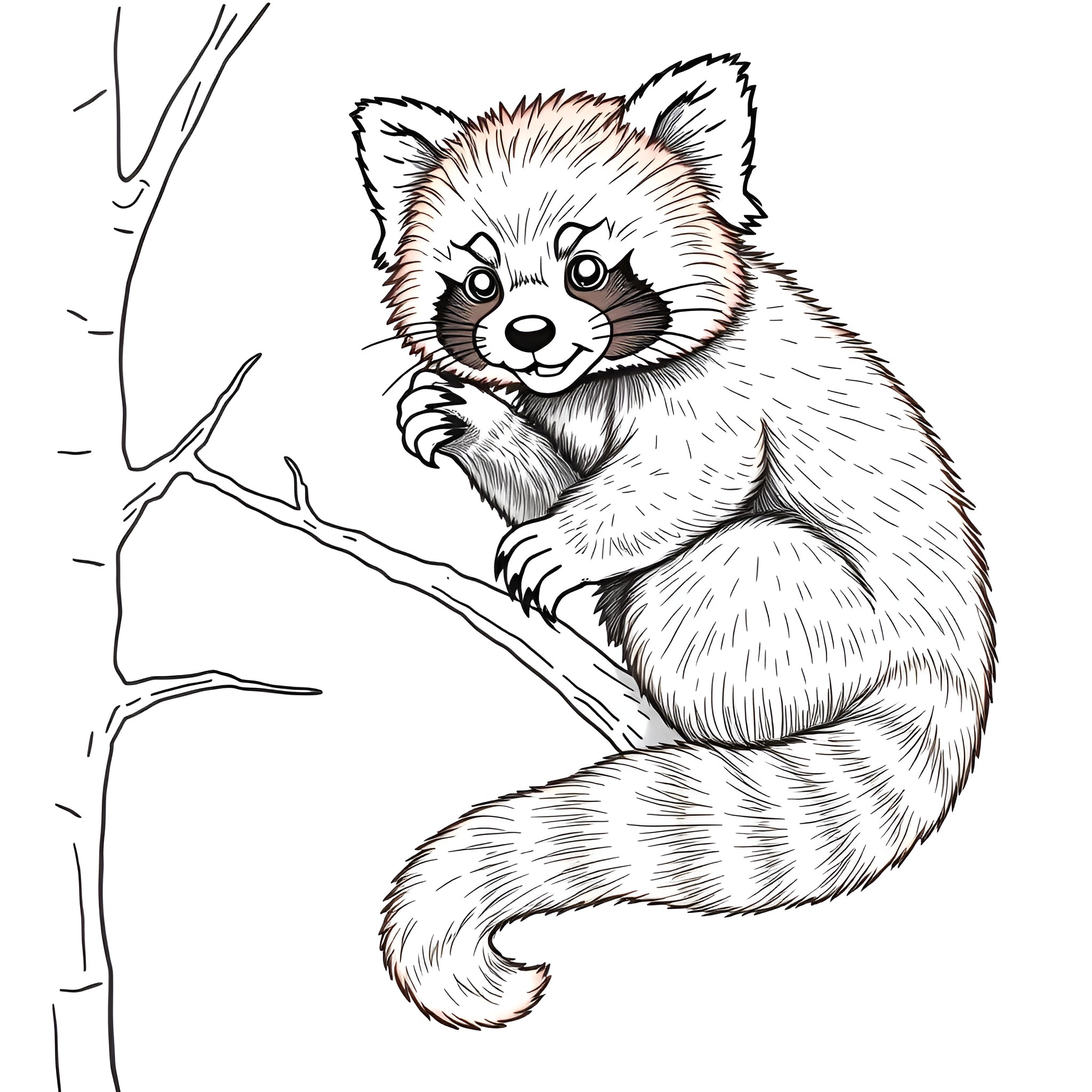 Red Panda climbing a tree branch Coloring Page (free black-and-white line drawing printable PDF for all, from beginners to advanced learners, including children, teens, adults, and seniors)