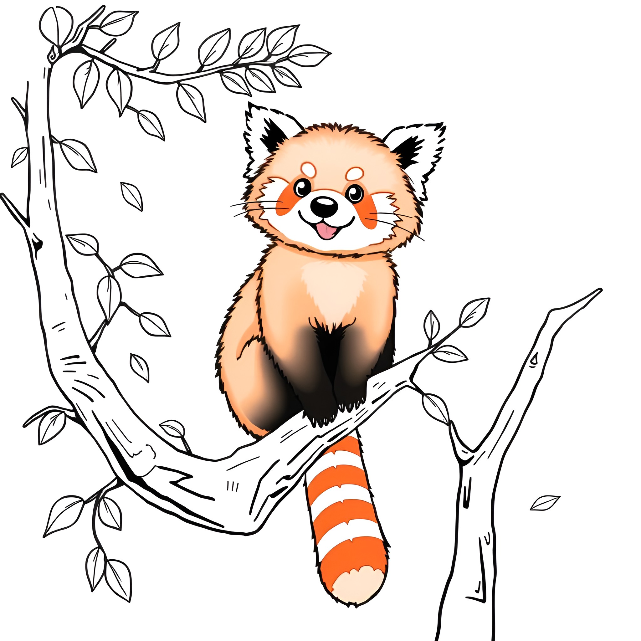 Red Panda playing on a tree branch Coloring Page (free black-and-white line drawing printable PDF for all, from beginners to advanced learners, including children, teens, adults, and seniors)