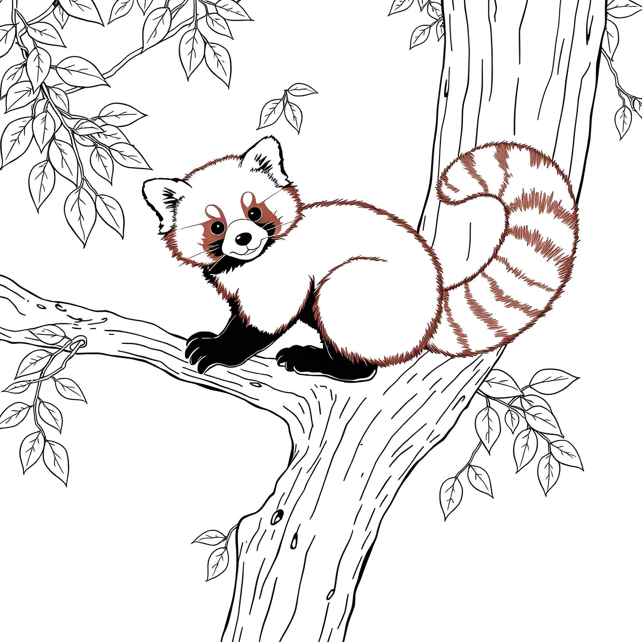 Red Panda exploring a leafy tree Coloring Page (free black-and-white line drawing printable PDF for all, from beginners to advanced learners, including children, teens, adults, and seniors)