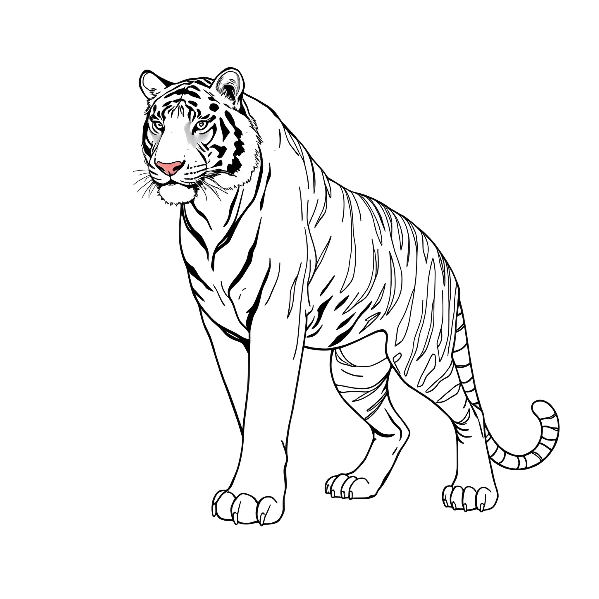 Tiger standing with fierce expression Coloring Page (free black-and-white line drawing printable PDF for all, from beginners to advanced learners, including children, teens, adults, and seniors)