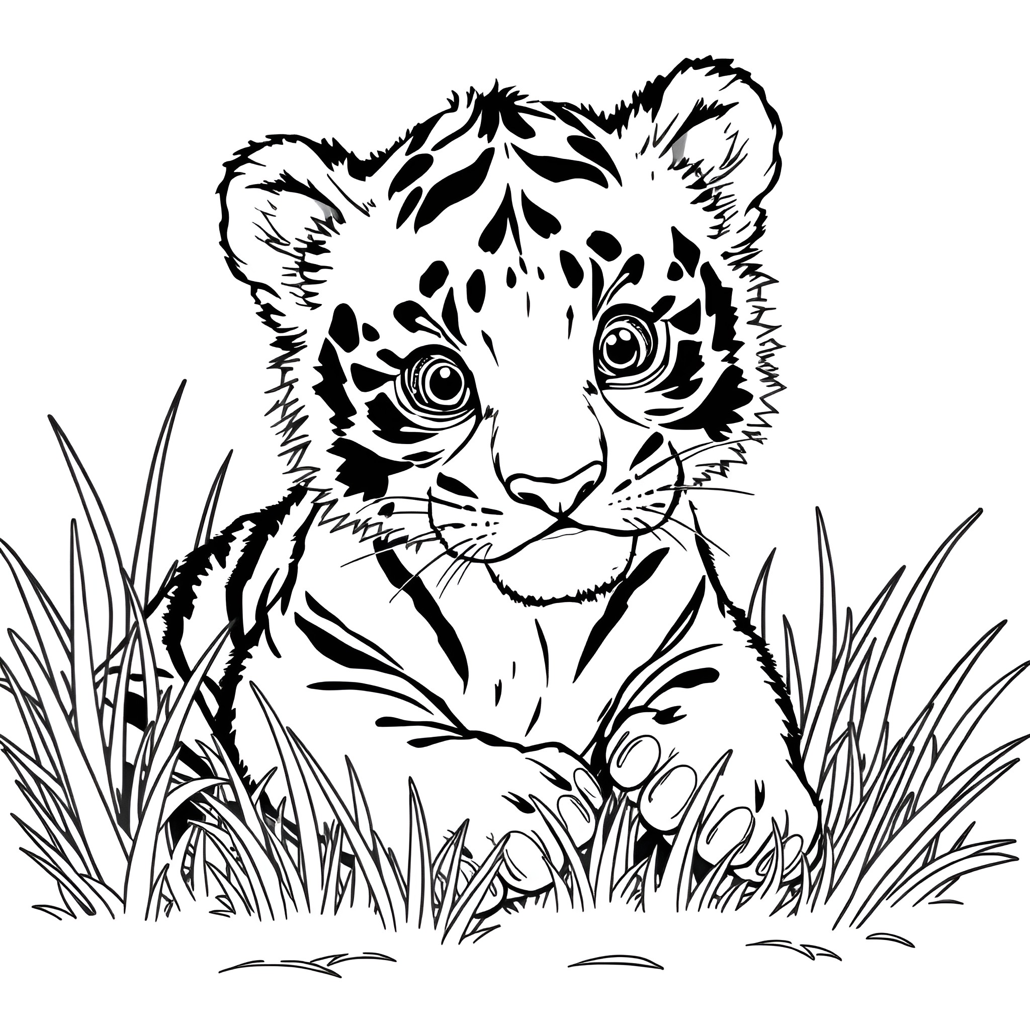Tiger cub peeking through tall grass Coloring Page (free black-and-white line drawing printable PDF for all, from beginners to advanced learners, including children, teens, adults, and seniors)