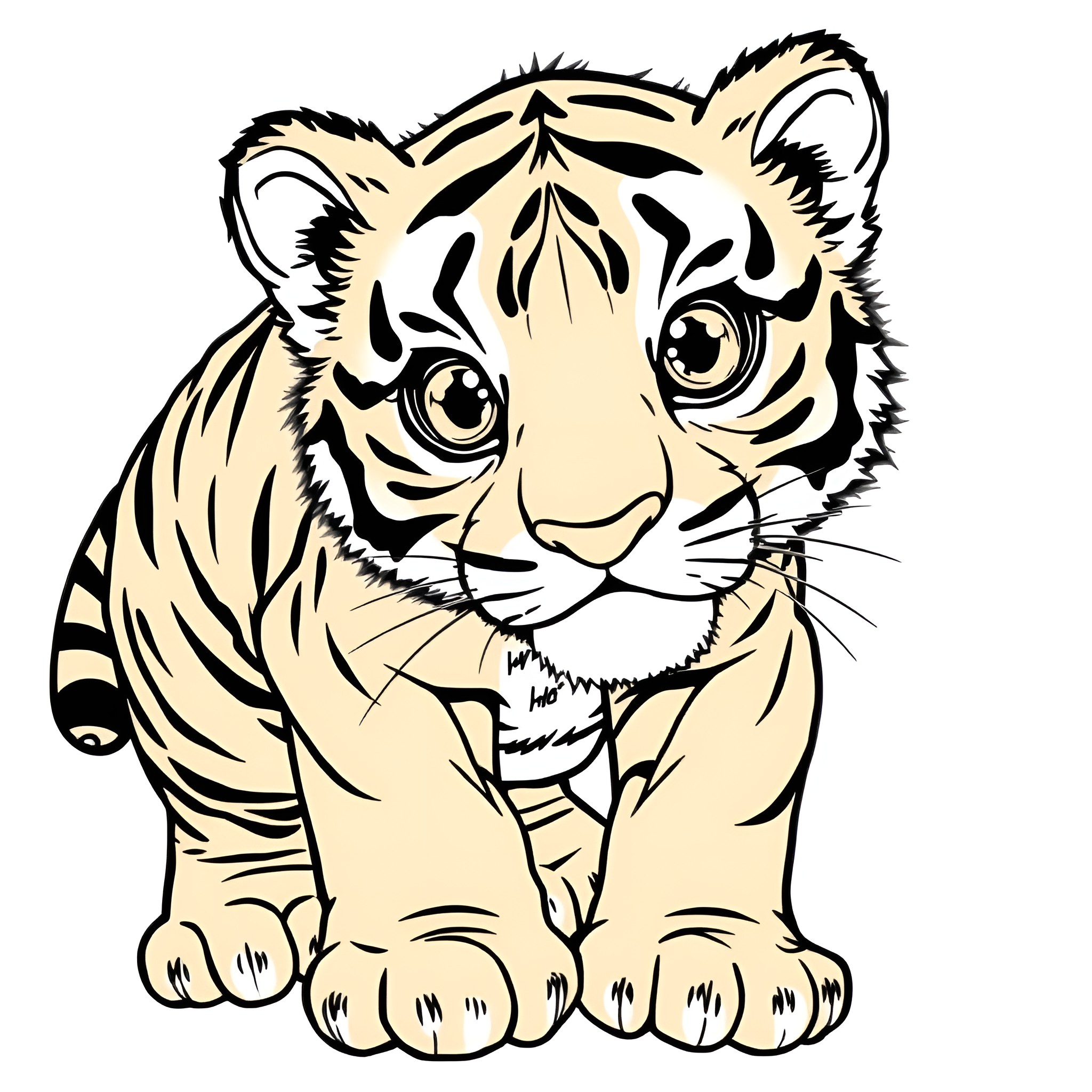 Tiger cub sitting with big eyes Coloring Page (free black-and-white line drawing printable PDF for all, from beginners to advanced learners, including children, teens, adults, and seniors)