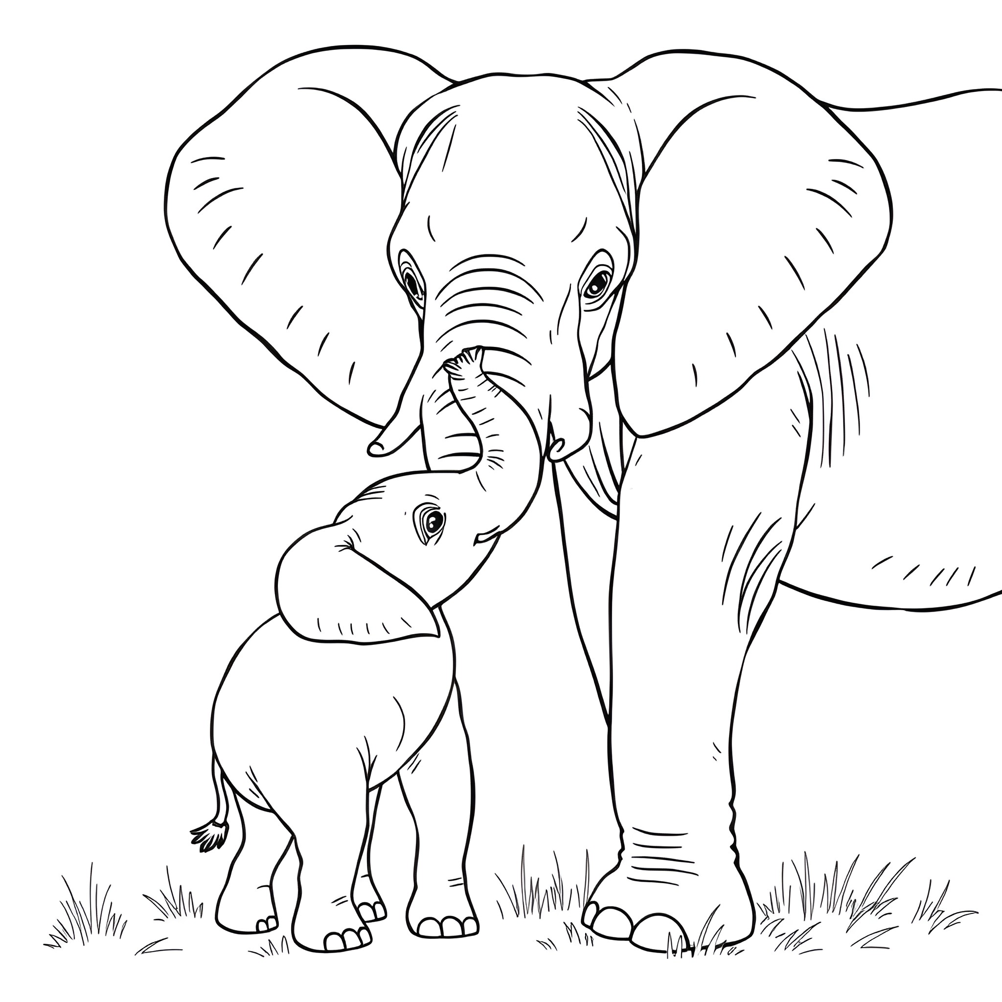 Elephant mother and calf in nature Coloring Page (free black-and-white line drawing printable PDF for all, from beginners to advanced learners, including children, teens, adults, and seniors)