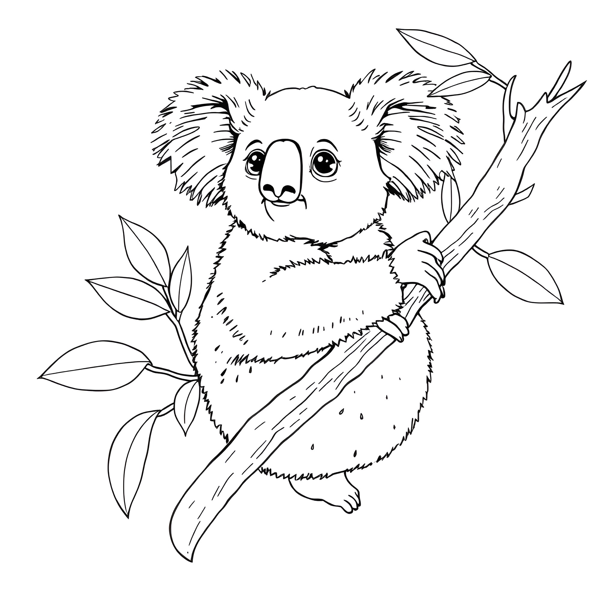 Koala in the trees Coloring Page (free black-and-white line drawing printable PDF for all, from beginners to advanced learners, including children, teens, adults, and seniors)