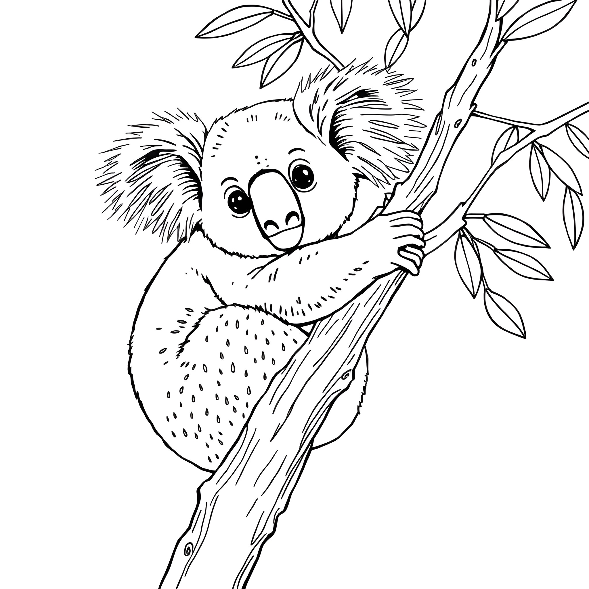 Koala climbing on tree branch Coloring Page (free black-and-white line drawing printable PDF for all, from beginners to advanced learners, including children, teens, adults, and seniors)
