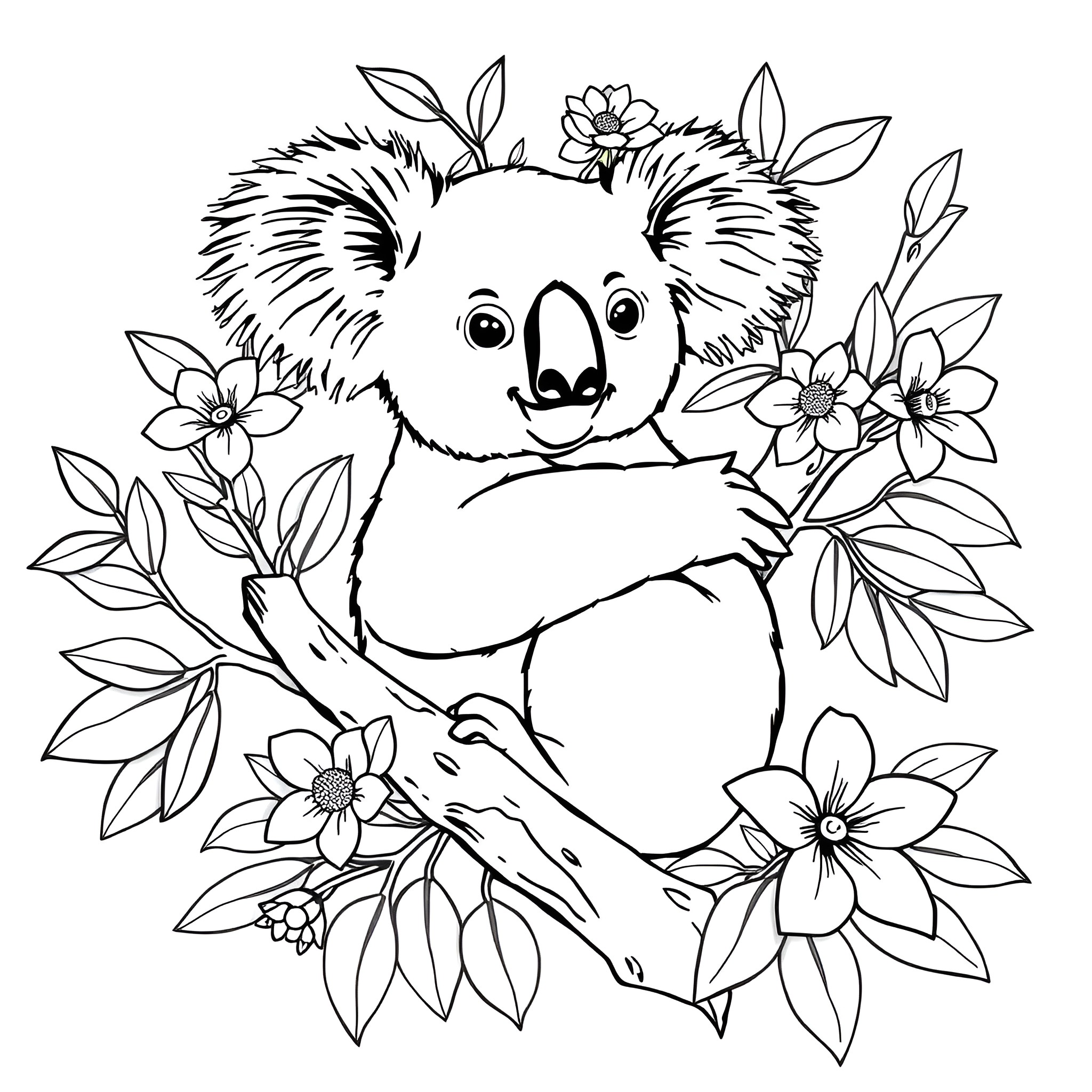 Koala surrounded by floral decorations Coloring Page (free black-and-white line drawing printable PDF for all, from beginners to advanced learners, including children, teens, adults, and seniors)