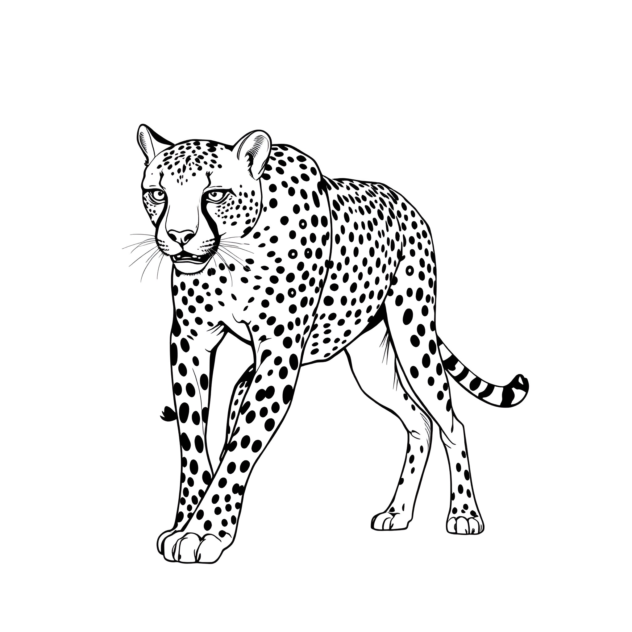 Cheetah standing alert and vigilant Coloring Page (free black-and-white line drawing printable PDF for all, from beginners to advanced learners, including children, teens, adults, and seniors)
