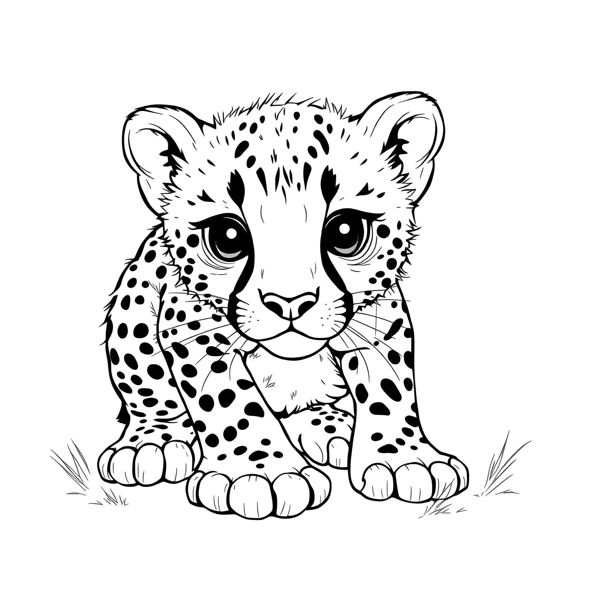 Cheetah cub staring with curiosity Coloring Page (free black-and-white line drawing printable PDF for all, from beginners to advanced learners, including children, teens, adults, and seniors)