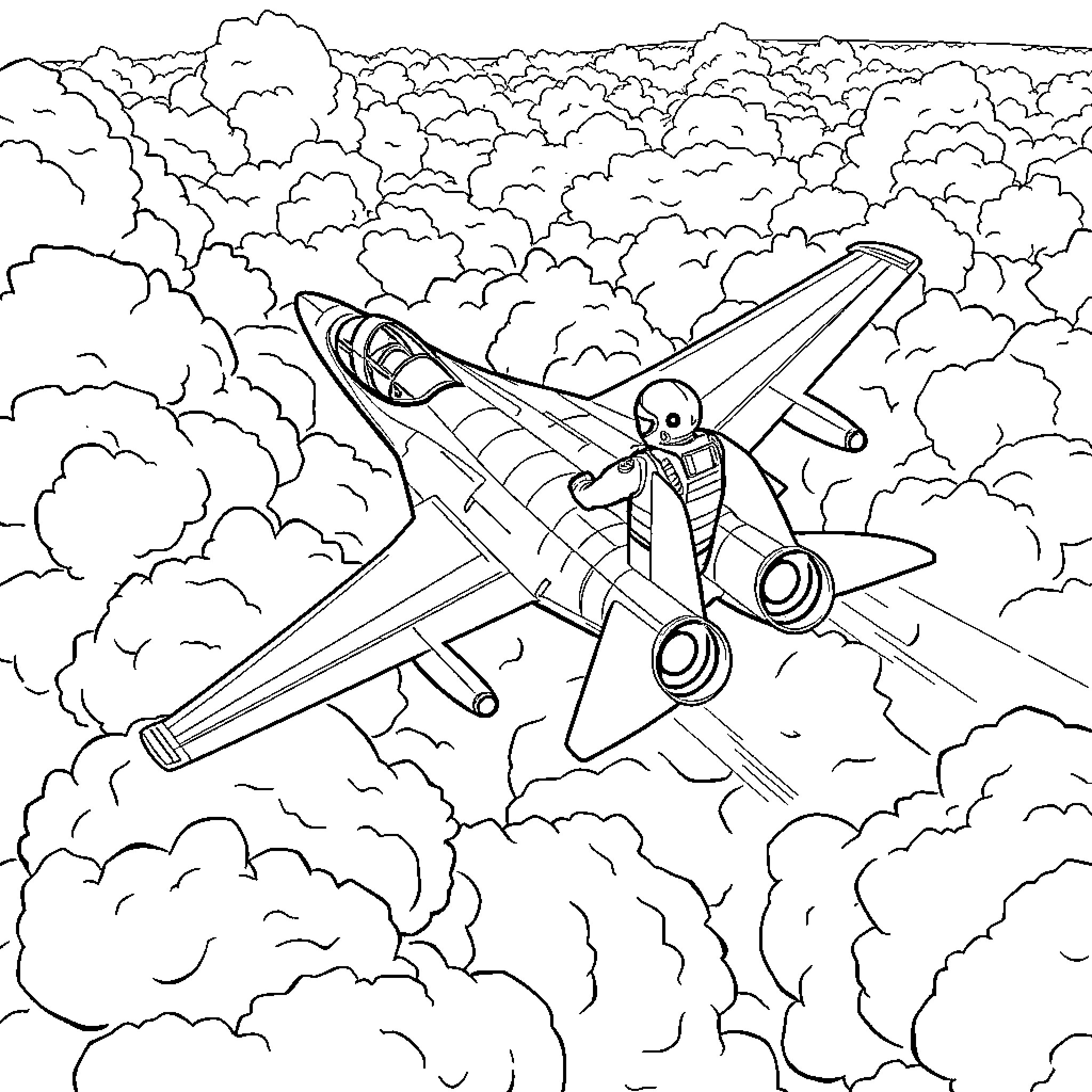 Fighter Jet soaring through the cloudy skies Coloring Page (free black-and-white line drawing printable PDF for all, from beginners to advanced learners, including children, teens, adults, and seniors)