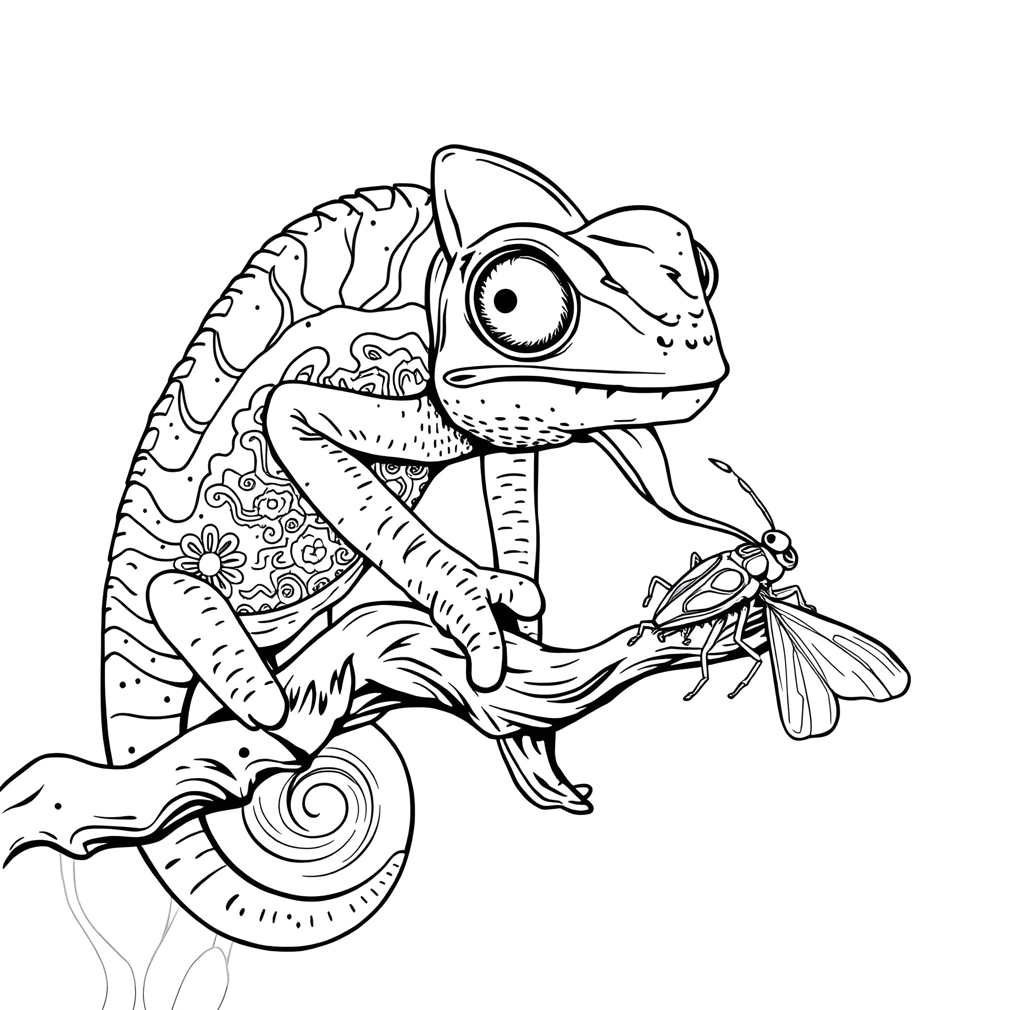 Chameleon catching insect with its long tongue Coloring Page (free black-and-white line drawing printable PDF for all, from beginners to advanced learners, including children, teens, adults, and seniors)