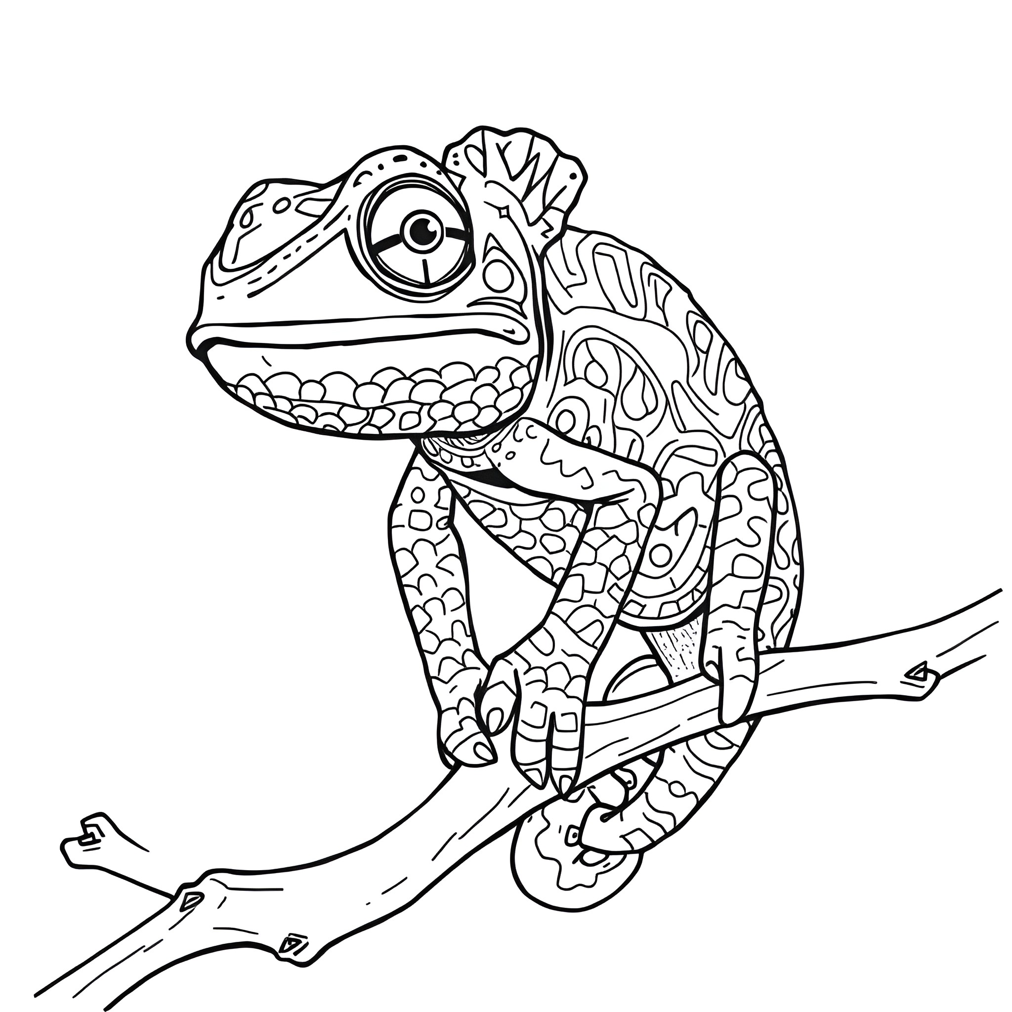Chameleon with intricate patterns on its body Coloring Page (free black-and-white line drawing printable PDF for all, from beginners to advanced learners, including children, teens, adults, and seniors)