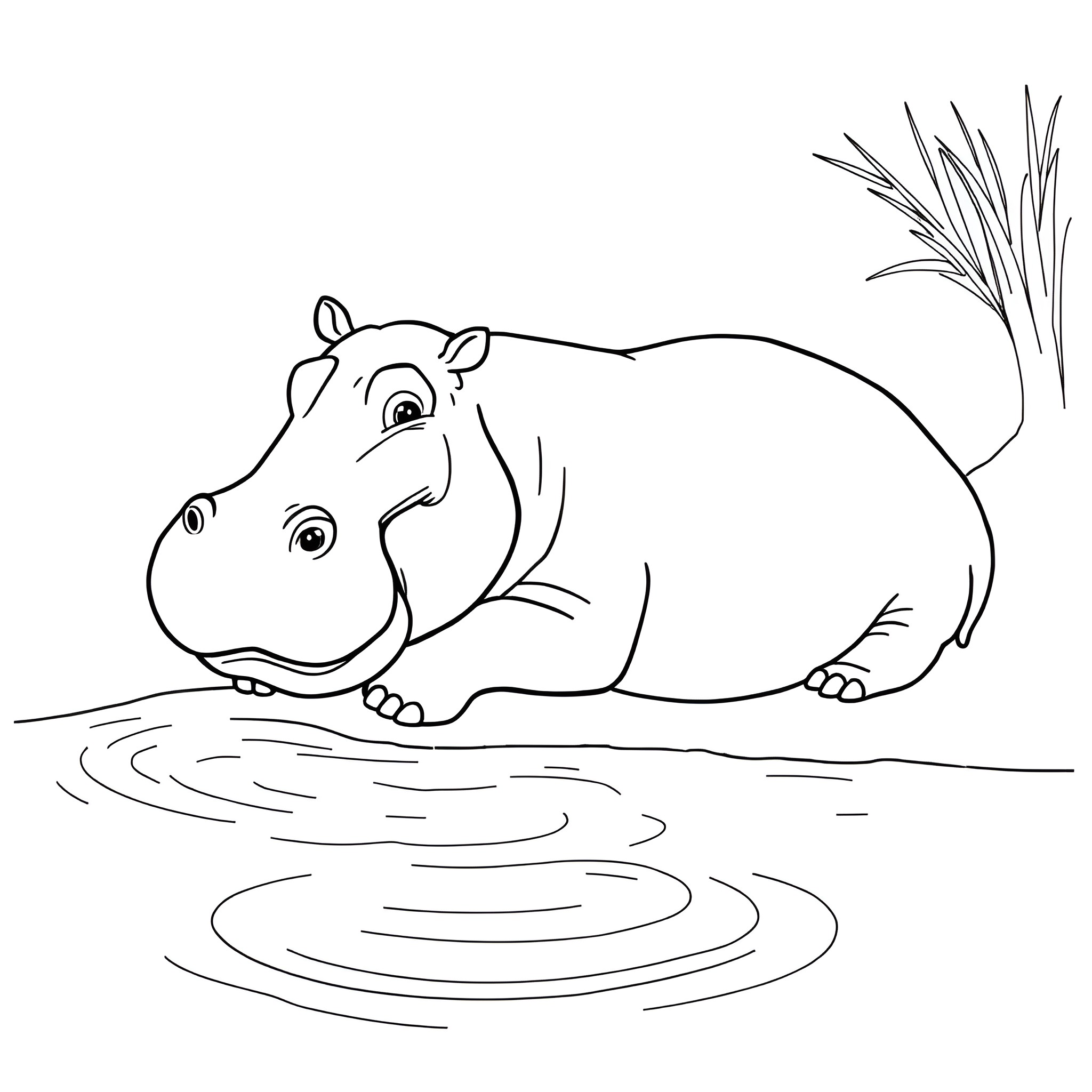 Hippo resting calmly in a pond Coloring Page (free black-and-white line drawing printable PDF for all, from beginners to advanced learners, including children, teens, adults, and seniors)