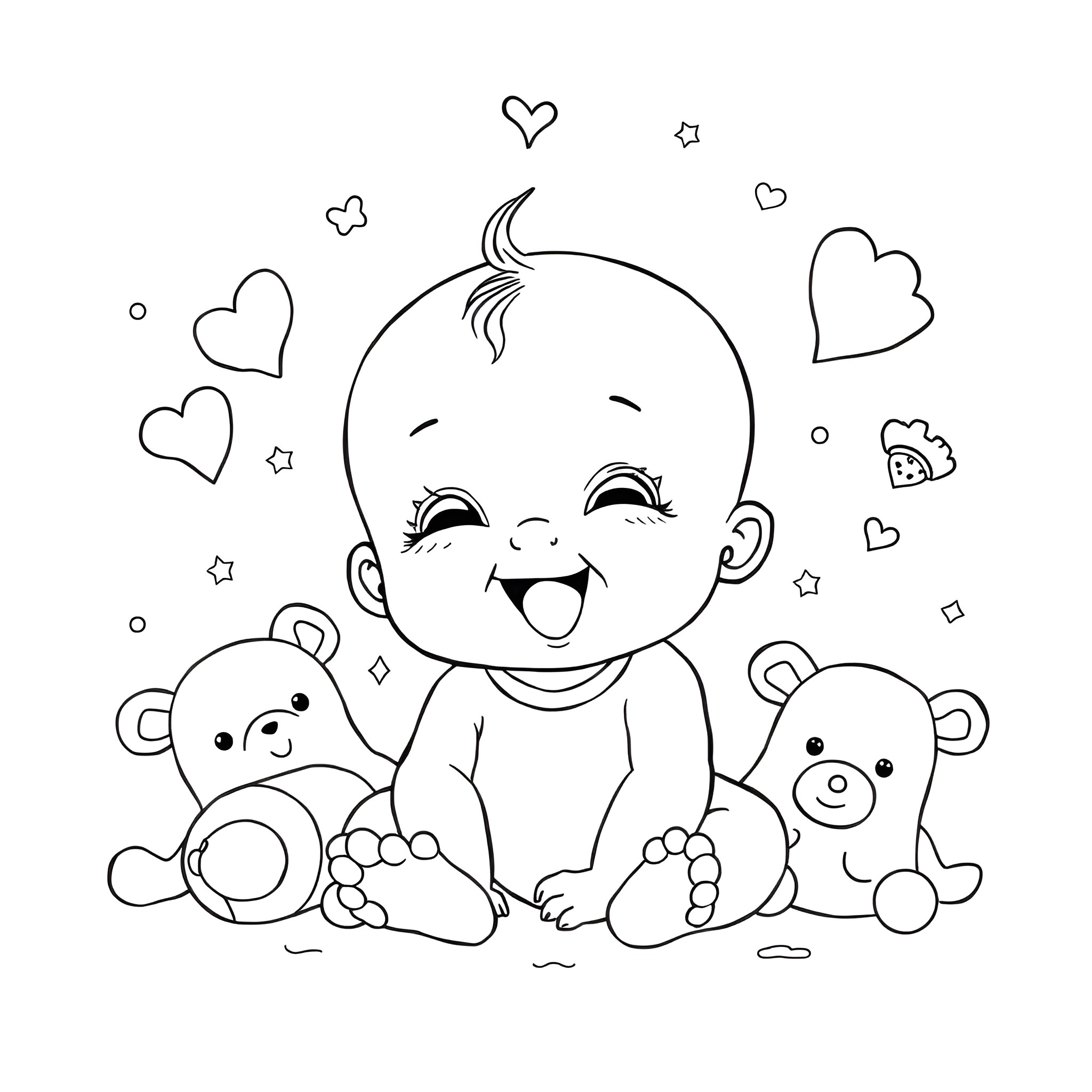 Baby enjoying playtime with cute toy bears Coloring Page (free black-and-white line drawing printable PDF for all, from beginners to advanced learners, including children, teens, adults, and seniors)