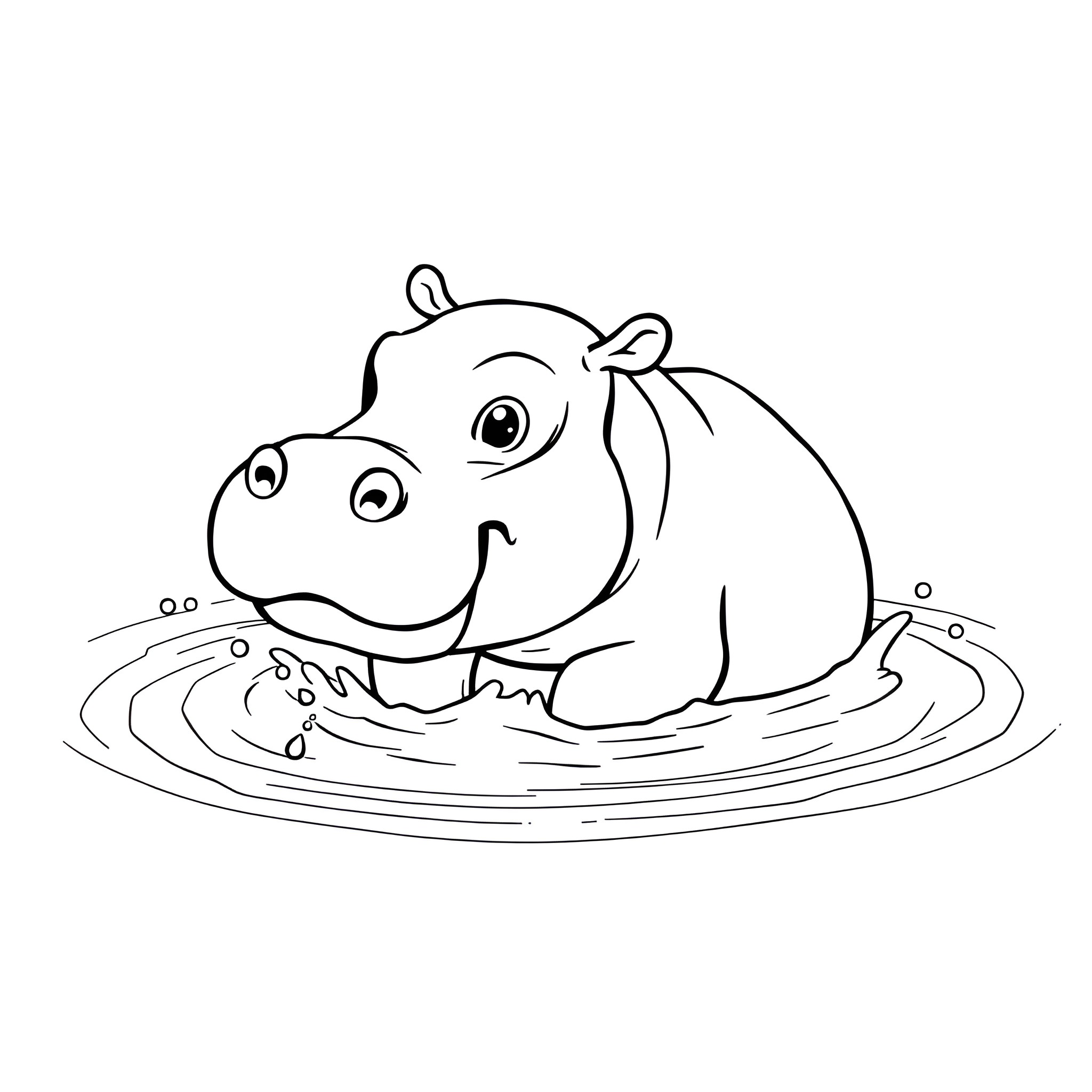 Hippo playing happily in the water Coloring Page (free black-and-white line drawing printable PDF for all, from beginners to advanced learners, including children, teens, adults, and seniors)