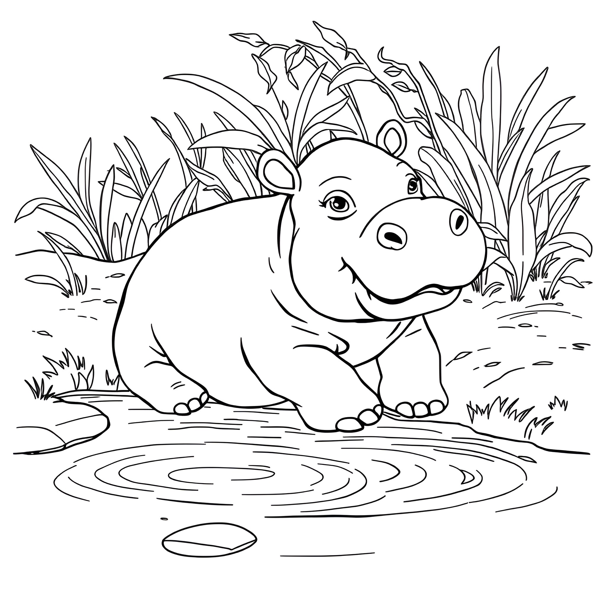 Hippo walking happily in the pond Coloring Page (free black-and-white line drawing printable PDF for all, from beginners to advanced learners, including children, teens, adults, and seniors)