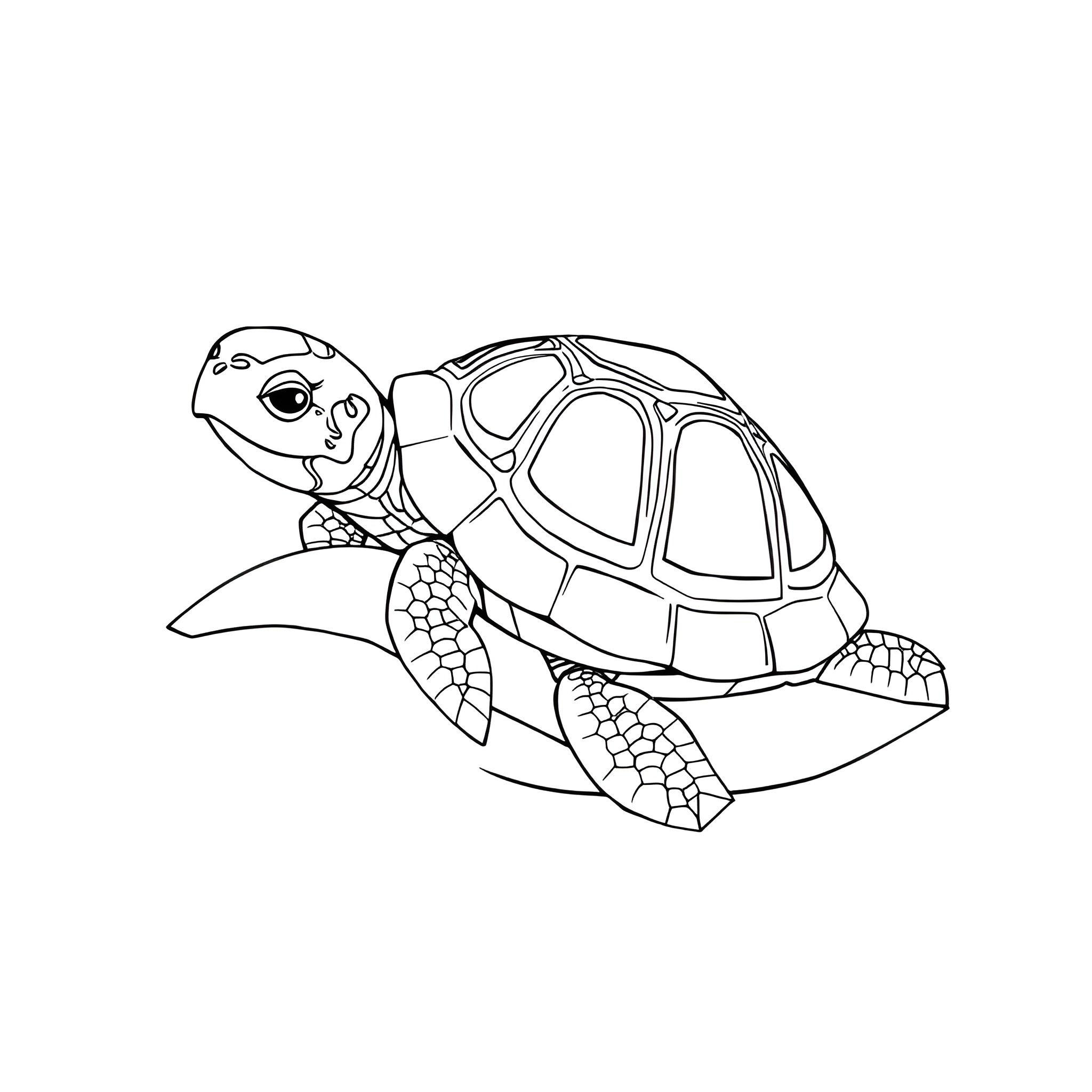 Turtle swimming happily in the ocean Coloring Page (free black-and-white line drawing printable PDF for all, from beginners to advanced learners, including children, teens, adults, and seniors)