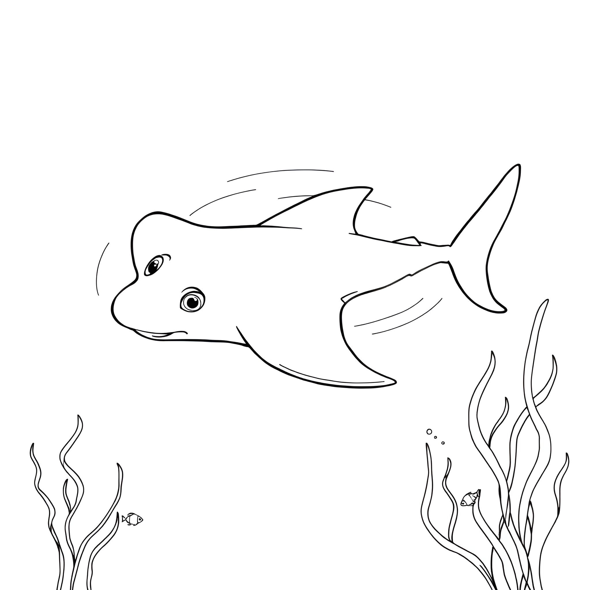 Sea Skate Gliding through Underwater Seascape Coloring Page (free black-and-white line drawing printable PDF for all, from beginners to advanced learners, including children, teens, adults, and seniors)