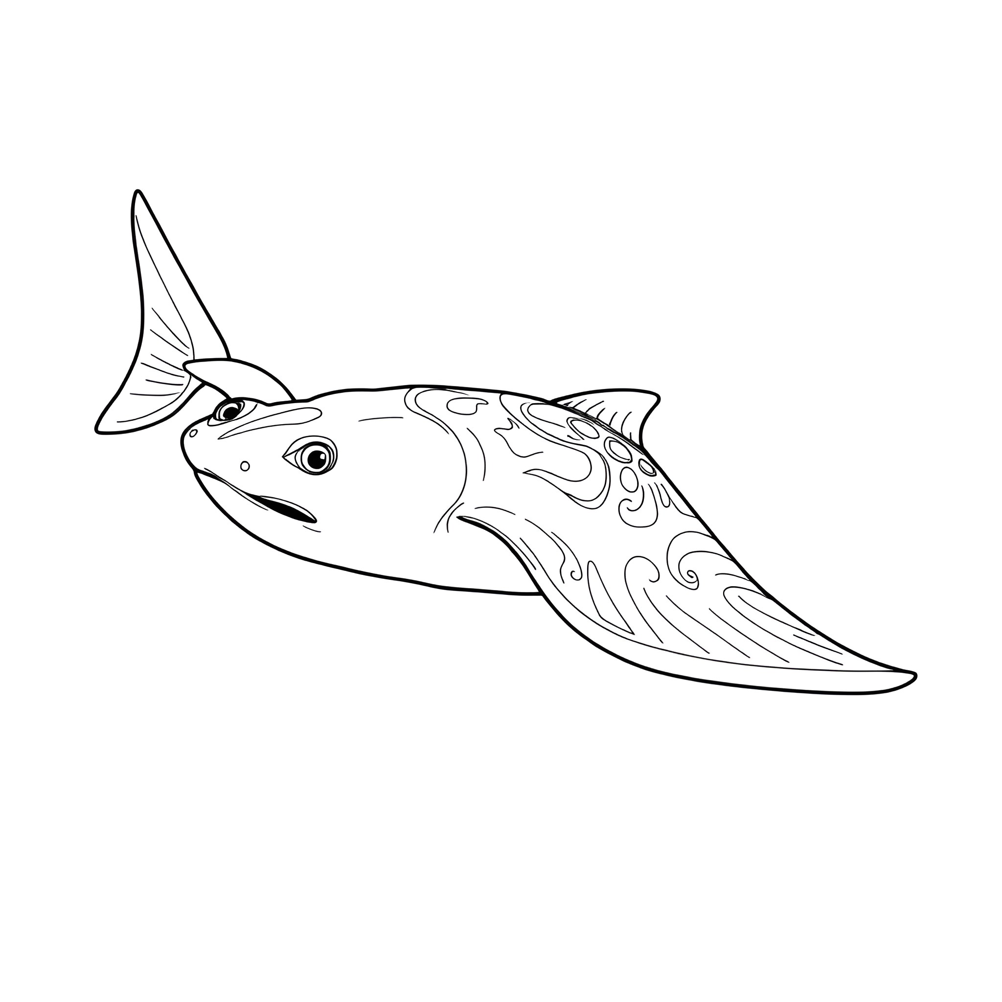 Sea Skate swimming with decorative pattern Coloring Page (free black-and-white line drawing printable PDF for all, from beginners to advanced learners, including children, teens, adults, and seniors)