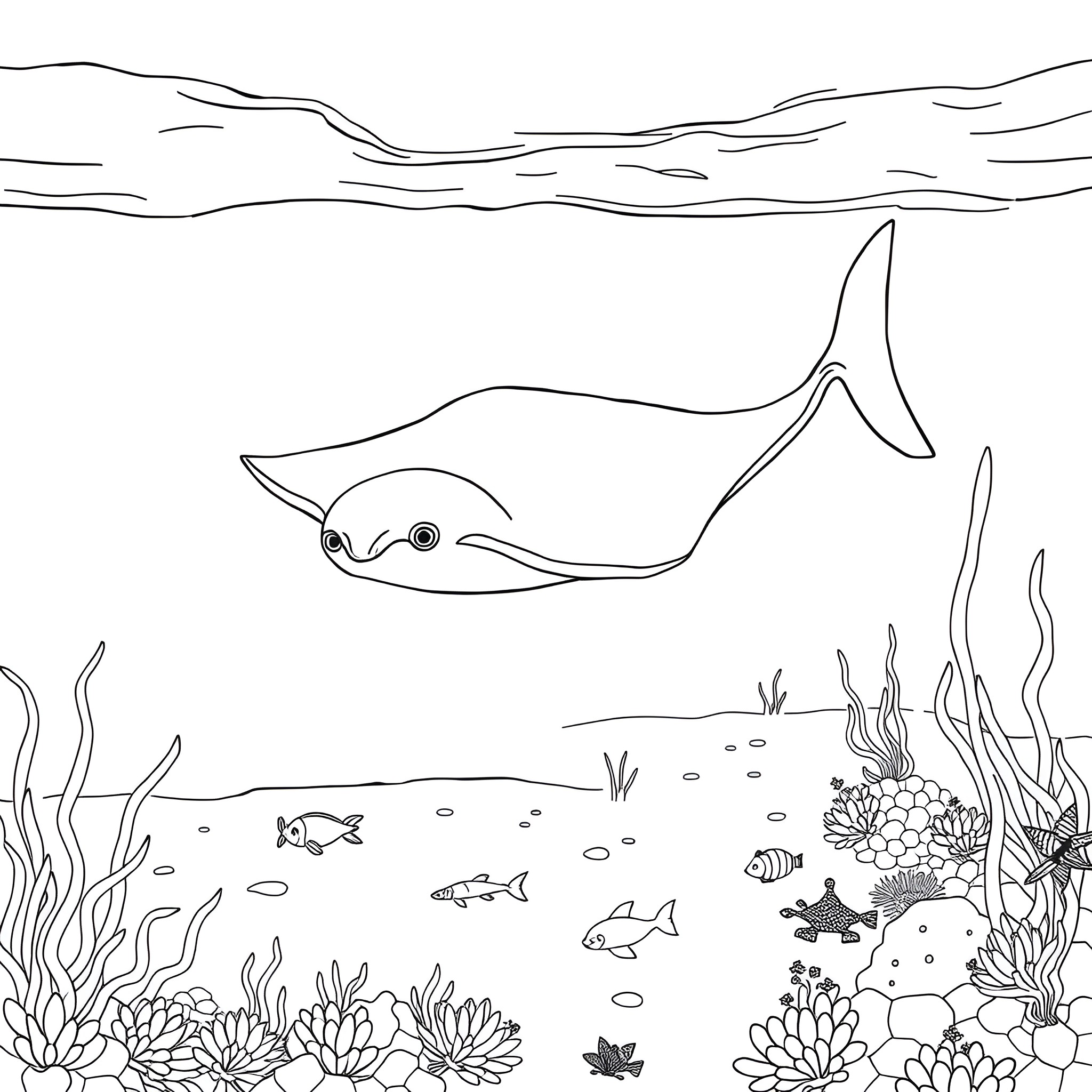 Sea Skate swimming playfully in the underwater reef scene Coloring Page (free black-and-white line drawing printable PDF for all, from beginners to advanced learners, including children, teens, adults, and seniors)