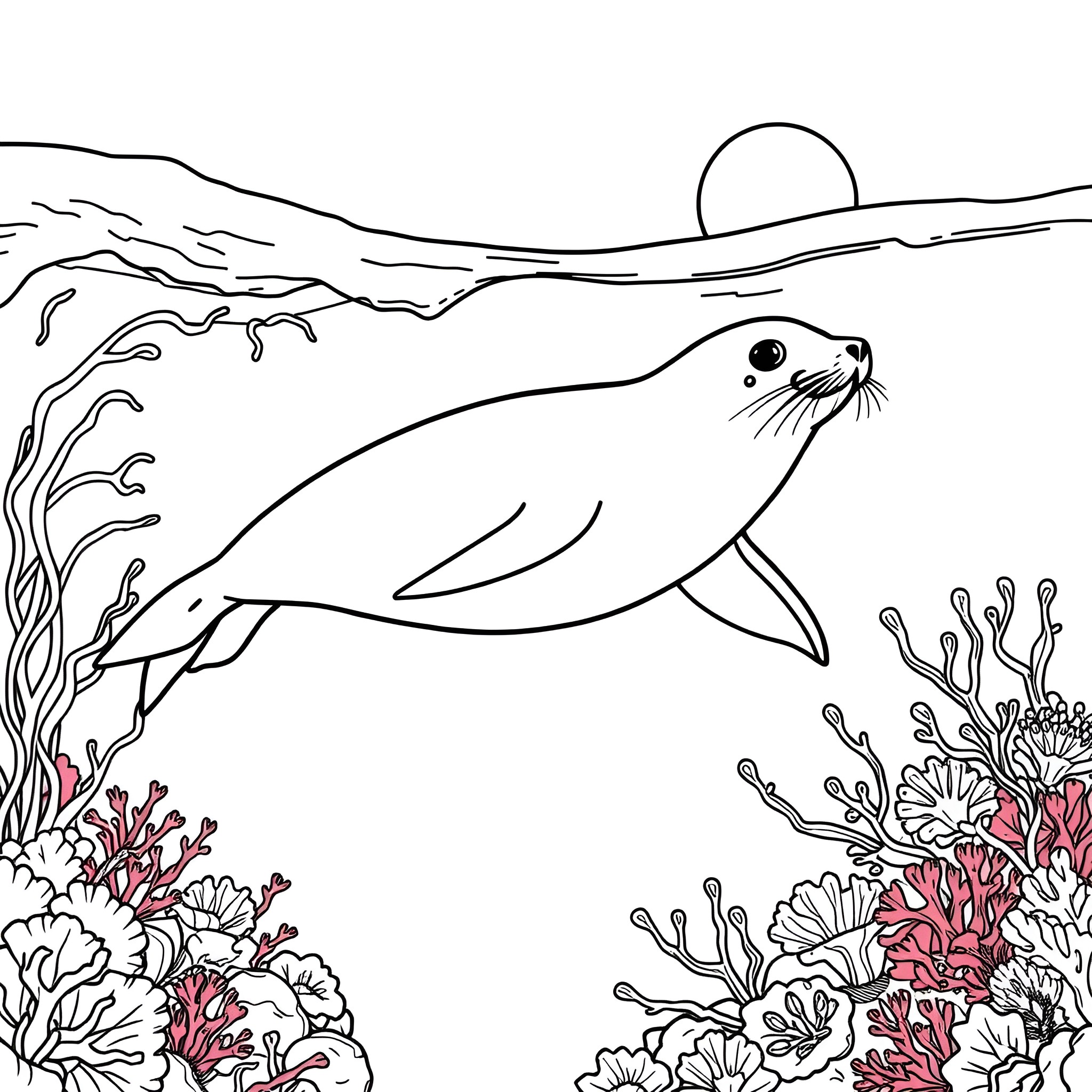 Seal Swimming Among Coral Reef Coloring Page (free black-and-white line drawing printable PDF for all, from beginners to advanced learners, including children, teens, adults, and seniors)