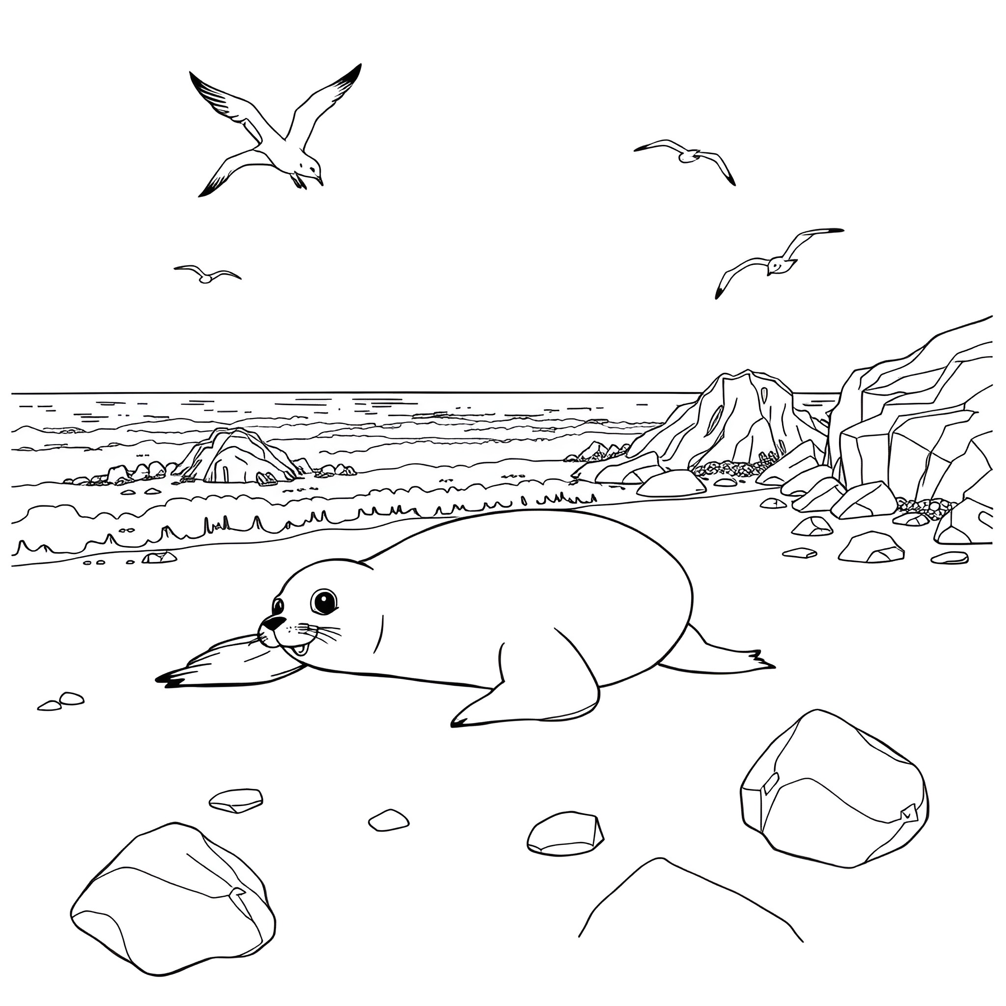 Seal relaxing on the rocky beach with seagulls Coloring Page (free black-and-white line drawing printable PDF for all, from beginners to advanced learners, including children, teens, adults, and seniors)