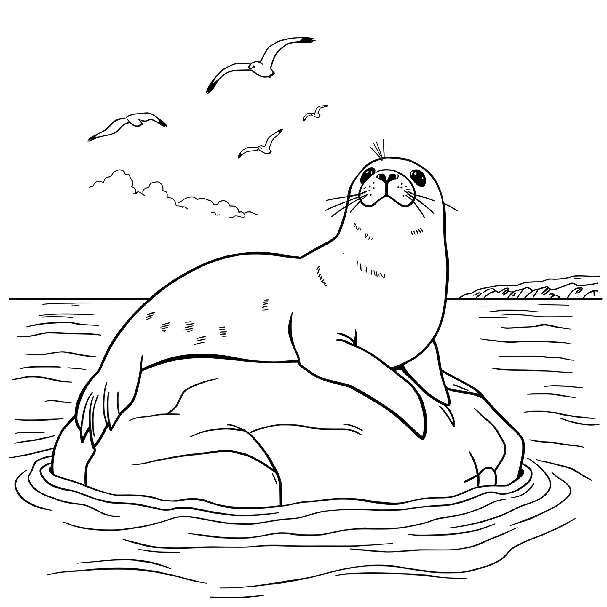 Seal lounging in the ocean with seagulls overhead Coloring Page (free black-and-white line drawing printable PDF for all, from beginners to advanced learners, including children, teens, adults, and seniors)