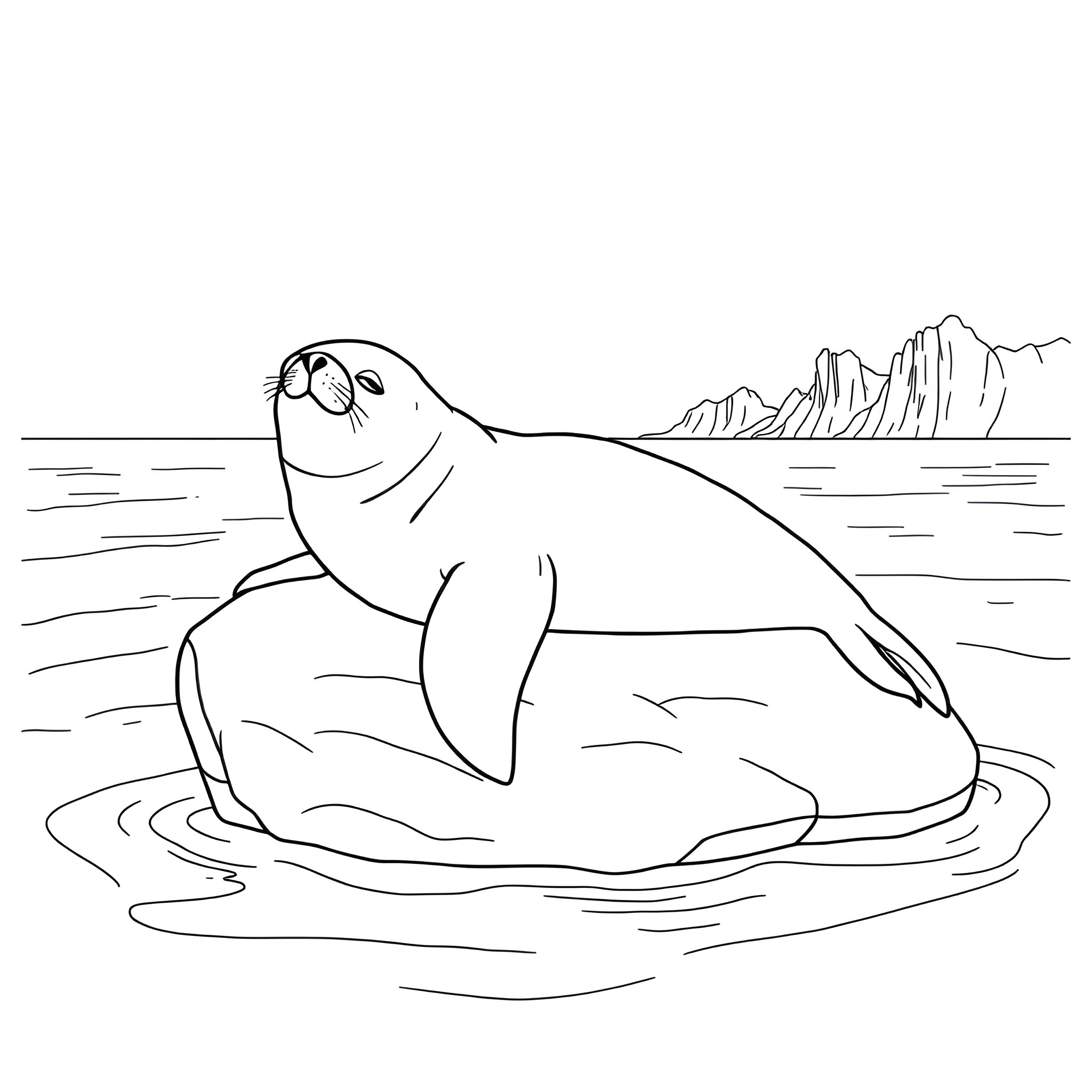 Seal resting on an ice floe in the Arctic Coloring Page (free black-and-white line drawing printable PDF for all, from beginners to advanced learners, including children, teens, adults, and seniors)