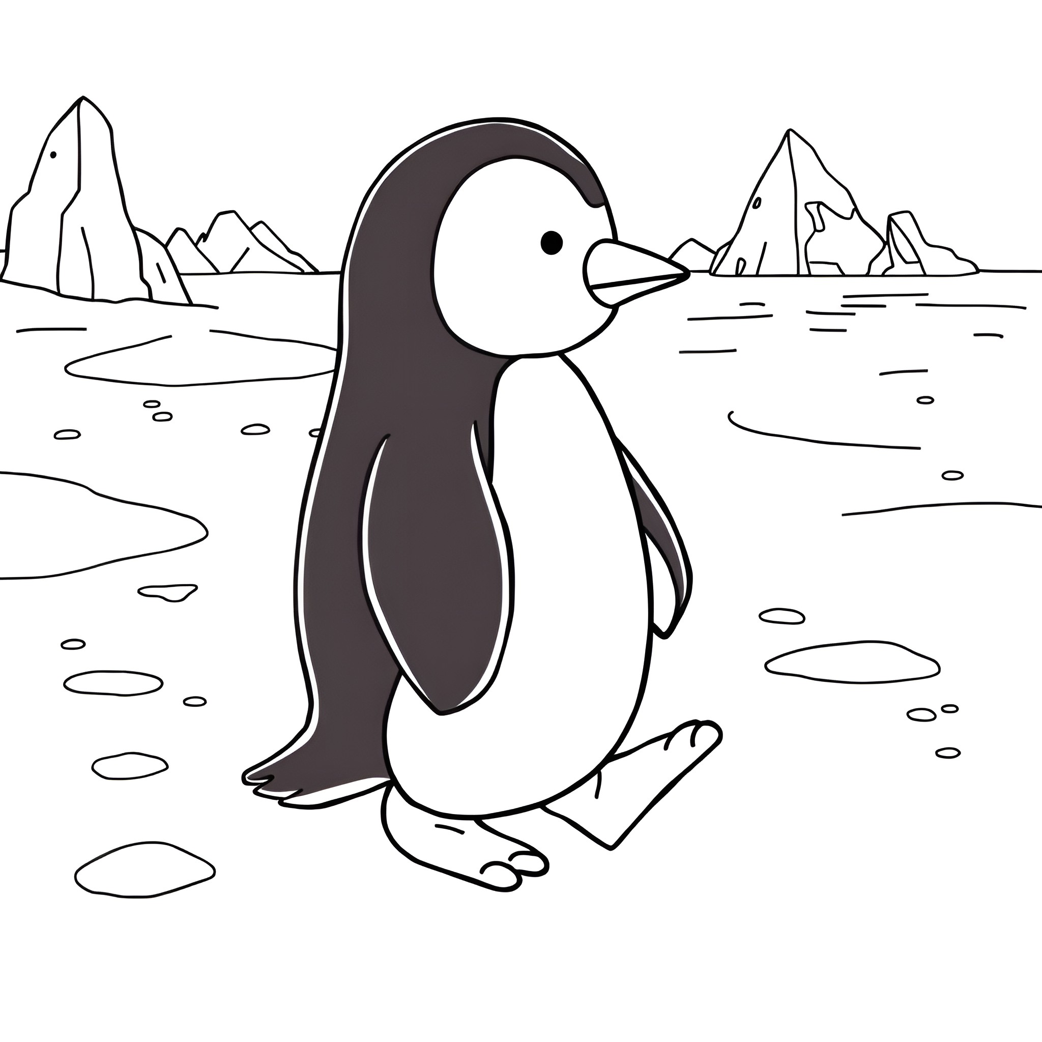 Penguin waddling in a snowy landscape Coloring Page (free black-and-white line drawing printable PDF for all, from beginners to advanced learners, including children, teens, adults, and seniors)