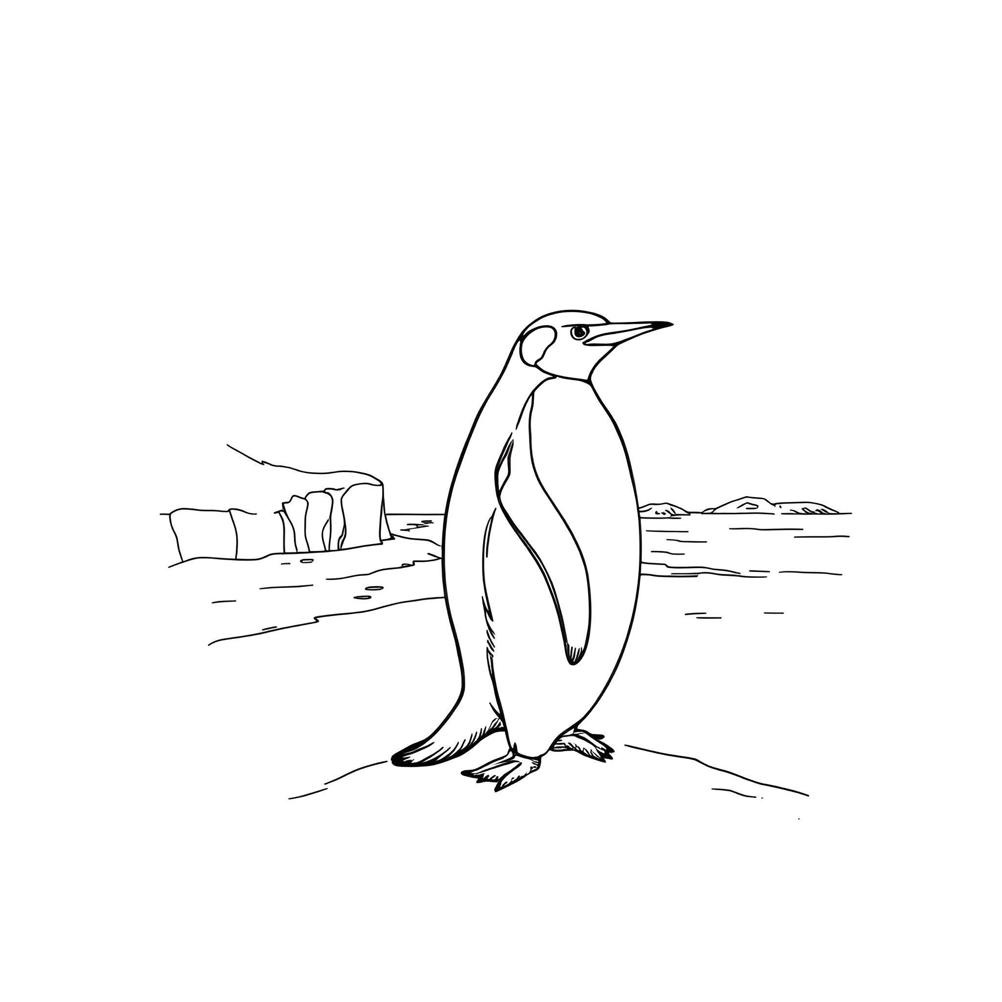 Penguin standing tall on ice floe Coloring Page (free black-and-white line drawing printable PDF for all, from beginners to advanced learners, including children, teens, adults, and seniors)