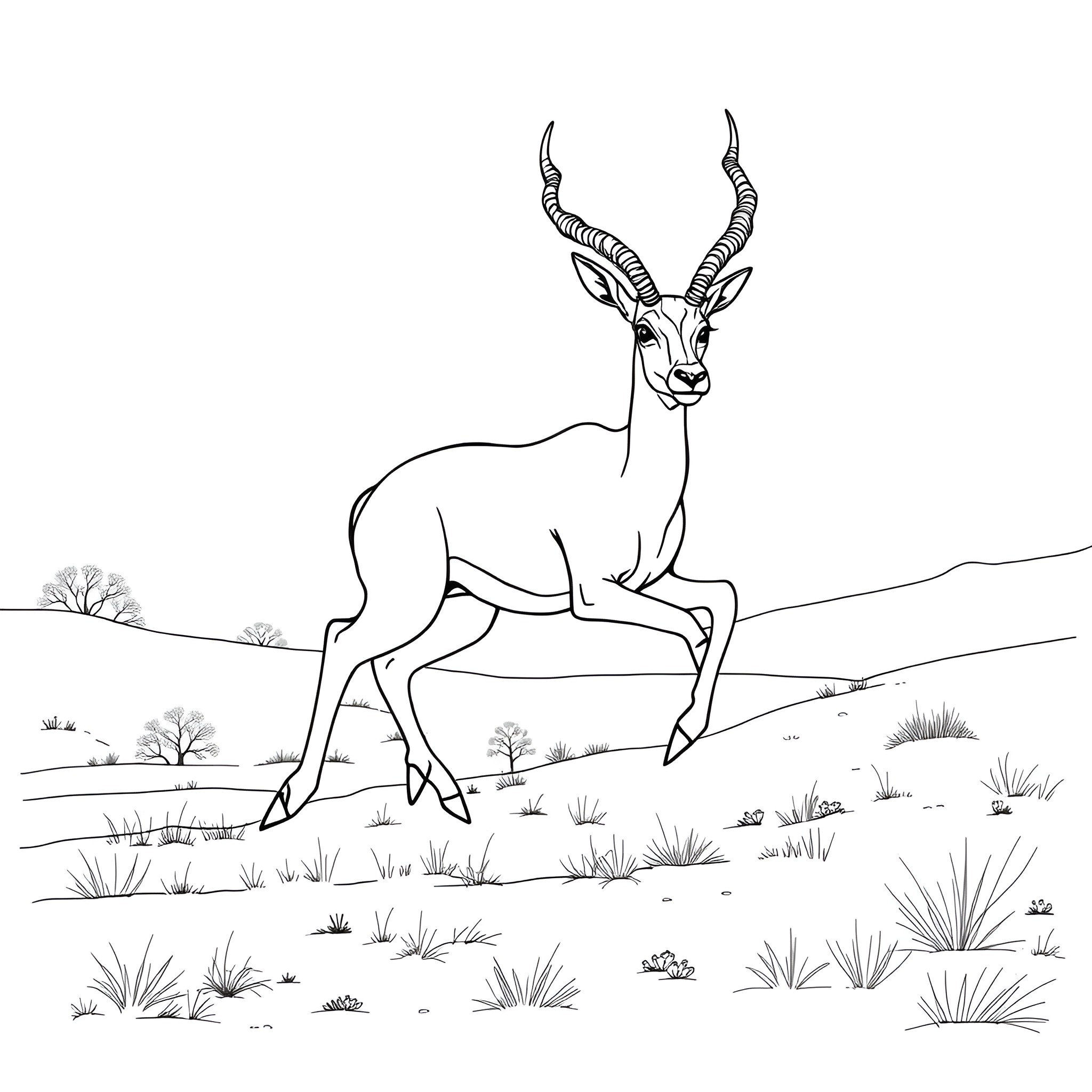Antelope standing alert in the wilderness Coloring Page (free black-and-white line drawing printable PDF for all, from beginners to advanced learners, including children, teens, adults, and seniors)