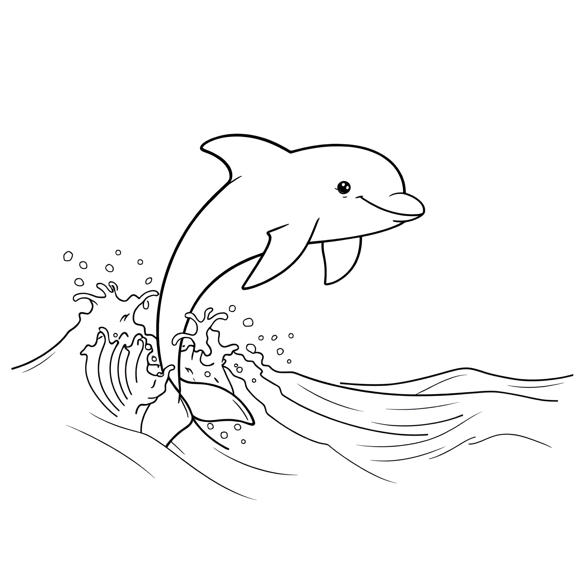Dolphin swimming joyfully in the waves Coloring Page (free black-and-white line drawing printable PDF for all, from beginners to advanced learners, including children, teens, adults, and seniors)