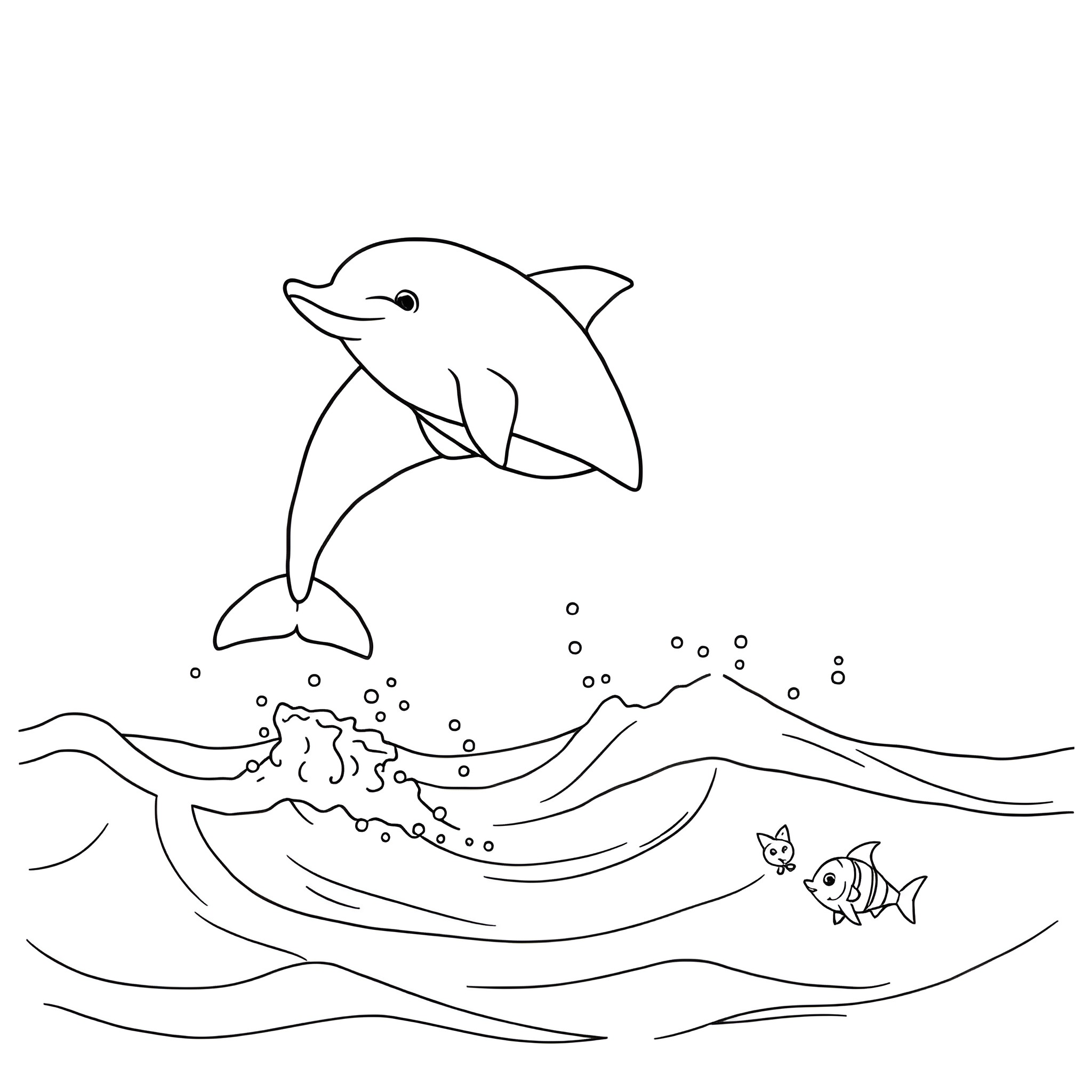 Dolphin Leaping Joyfully in the Underwater Scene Coloring Page (free black-and-white line drawing printable PDF for all, from beginners to advanced learners, including children, teens, adults, and seniors)