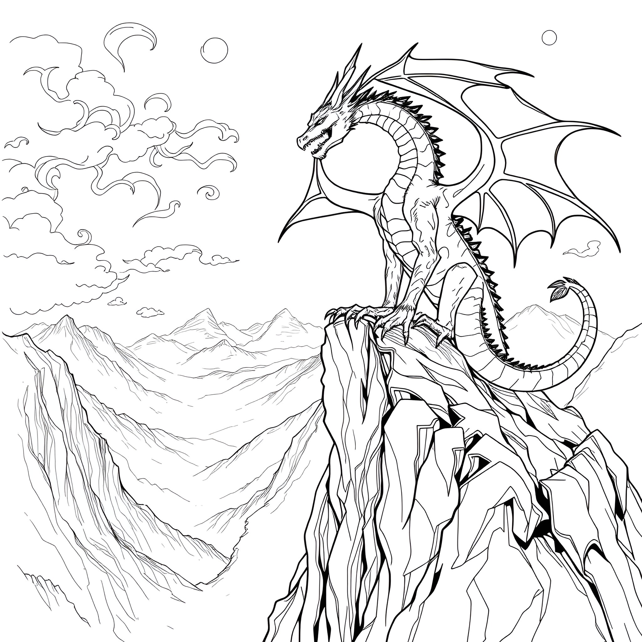 Dragon perched on a rocky cliff with a mystical landscape Coloring Page (free black-and-white line drawing printable PDF for all, from beginners to advanced learners, including children, teens, adults, and seniors)