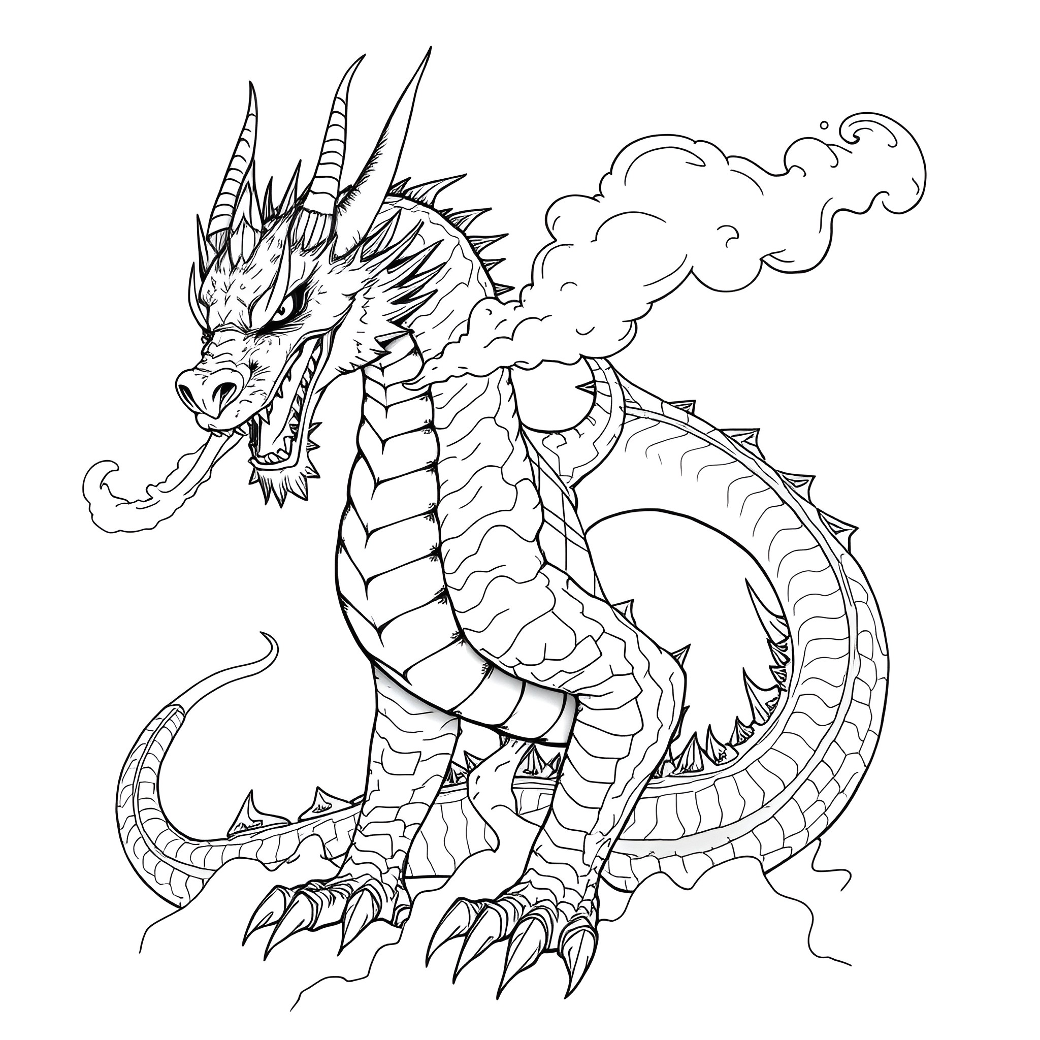 Dragon breathing fire and smoke Coloring Page (free black-and-white line drawing printable PDF for all, from beginners to advanced learners, including children, teens, adults, and seniors)