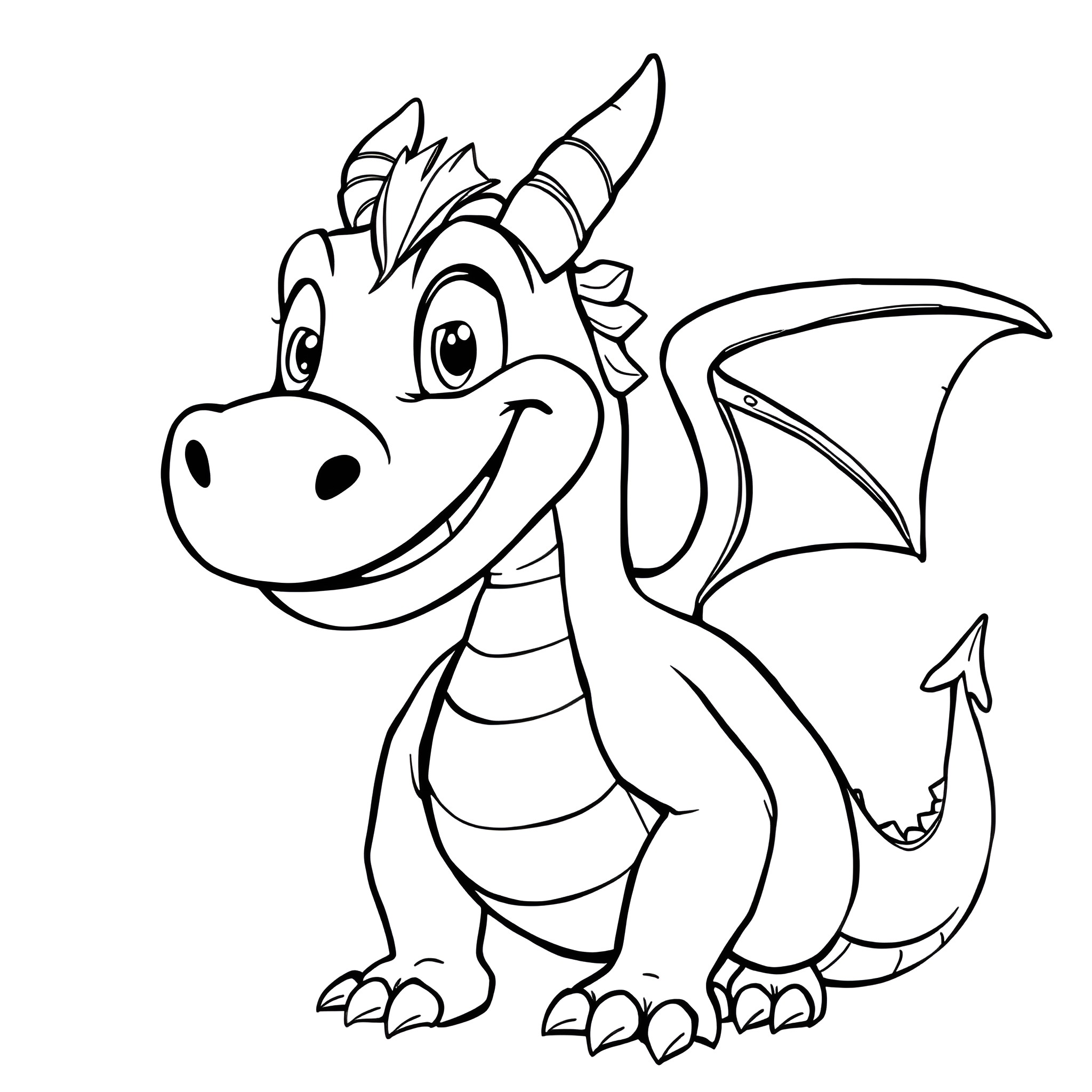 Dragon Smiling Happily with Spread Wings Coloring Page (free black-and-white line drawing printable PDF for all, from beginners to advanced learners, including children, teens, adults, and seniors)