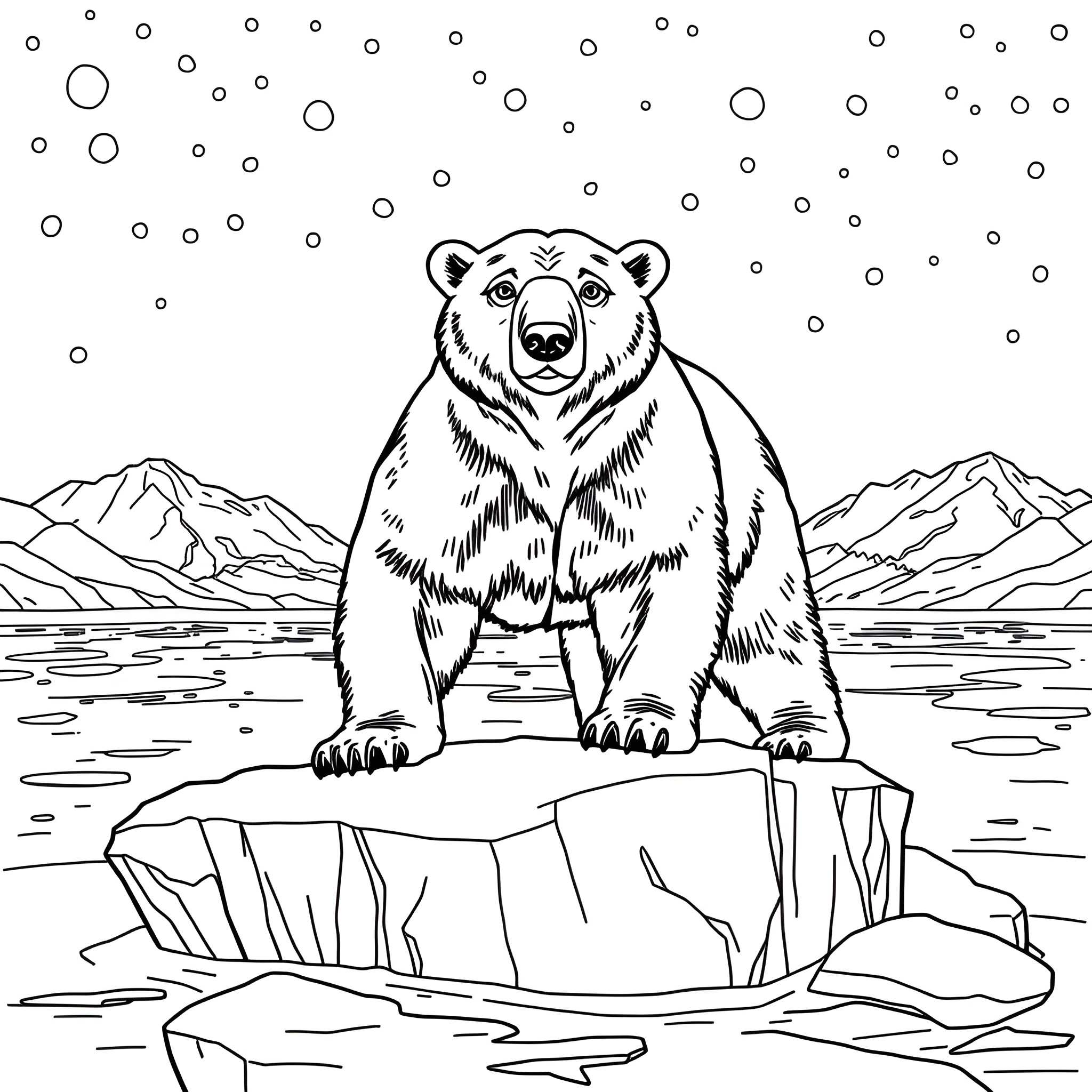 Polar Bear Standing on Icy Landscape Coloring Page (free black-and-white line drawing printable PDF for all, from beginners to advanced learners, including children, teens, adults, and seniors)