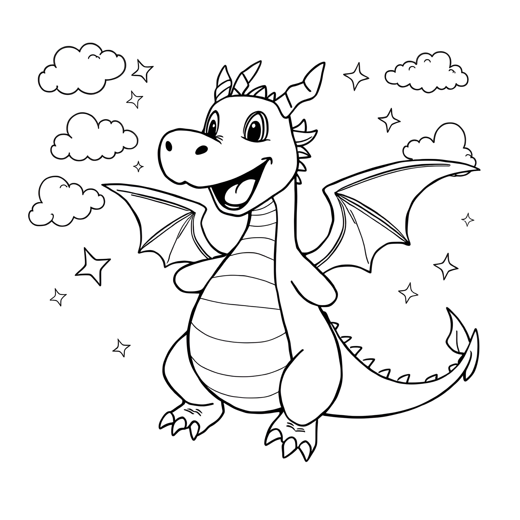 Dragon smiling and flying among the stars Coloring Page (free black-and-white line drawing printable PDF for all, from beginners to advanced learners, including children, teens, adults, and seniors)