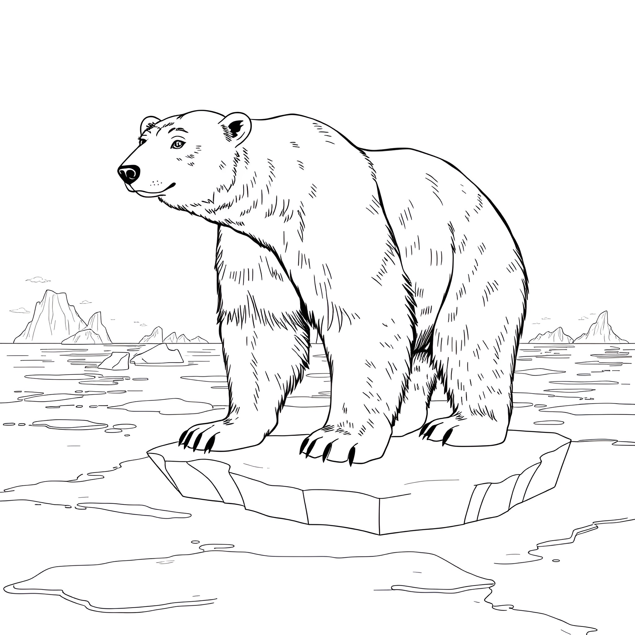 Polar Bear standing on an ice floe Coloring Page (free black-and-white line drawing printable PDF for all, from beginners to advanced learners, including children, teens, adults, and seniors)
