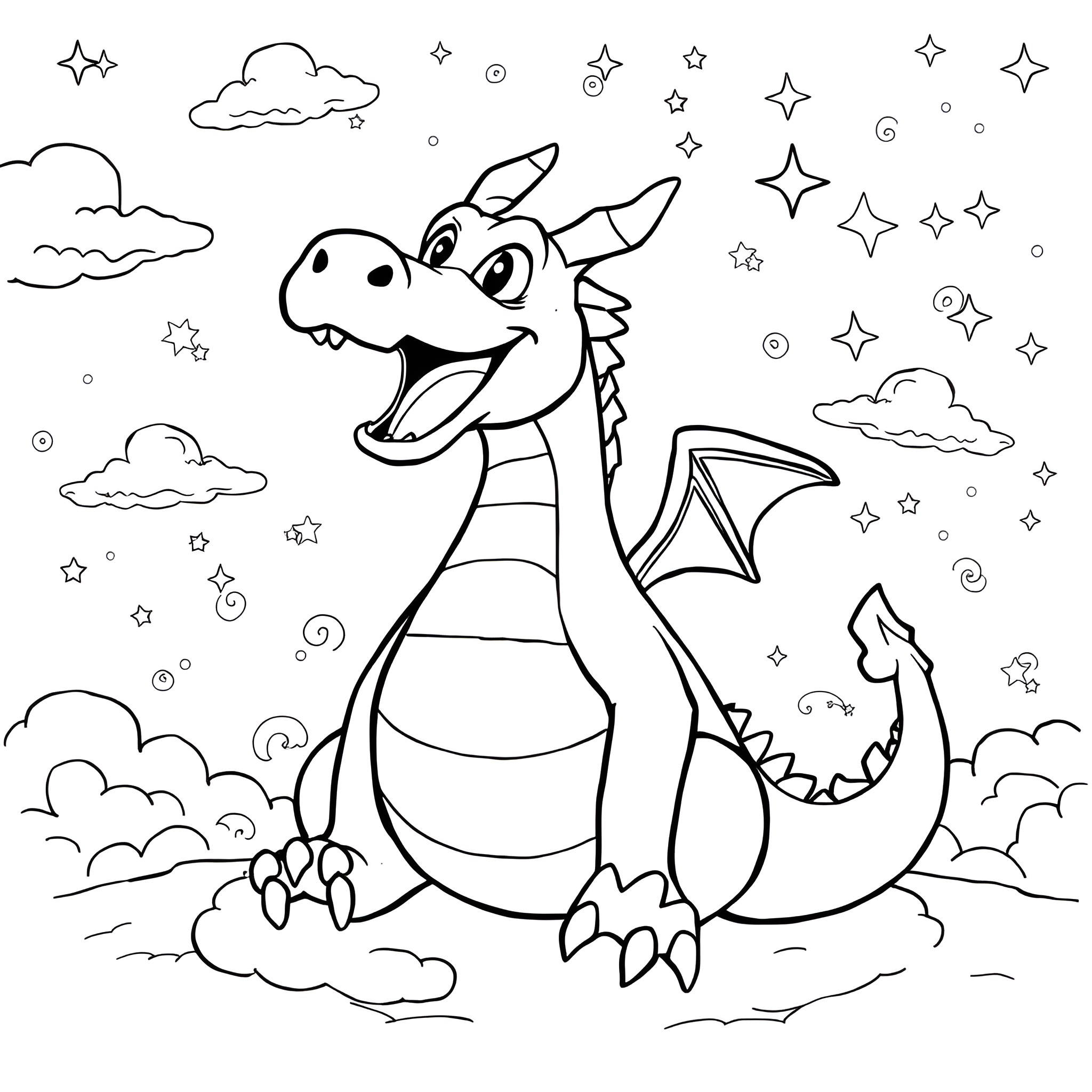 Dragon gleefully soaring through the starry night sky Coloring Page (free black-and-white line drawing printable PDF for all, from beginners to advanced learners, including children, teens, adults, and seniors)